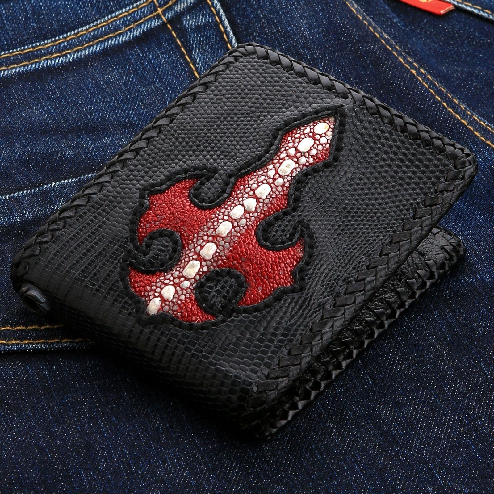 Red Stingray Cross Black Lizard Skin Leather Biker Wallet for Men - RFID Blocking Slim Wallet with Money Clip - Perfect for Motorcycle Riders & Everyday Carry