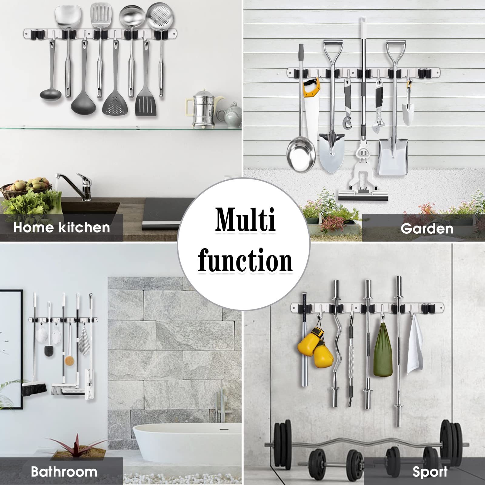 AceMining 5-Tier Wall Mount Mop and Broom Holder with 4 Heavy Duty Stainless Steel Hooks - Self Adhesive Non-Slip Organizer for Kitchen, Laundry, Garage, Garden - Space Saving Storage Solution for Cleaning Tools