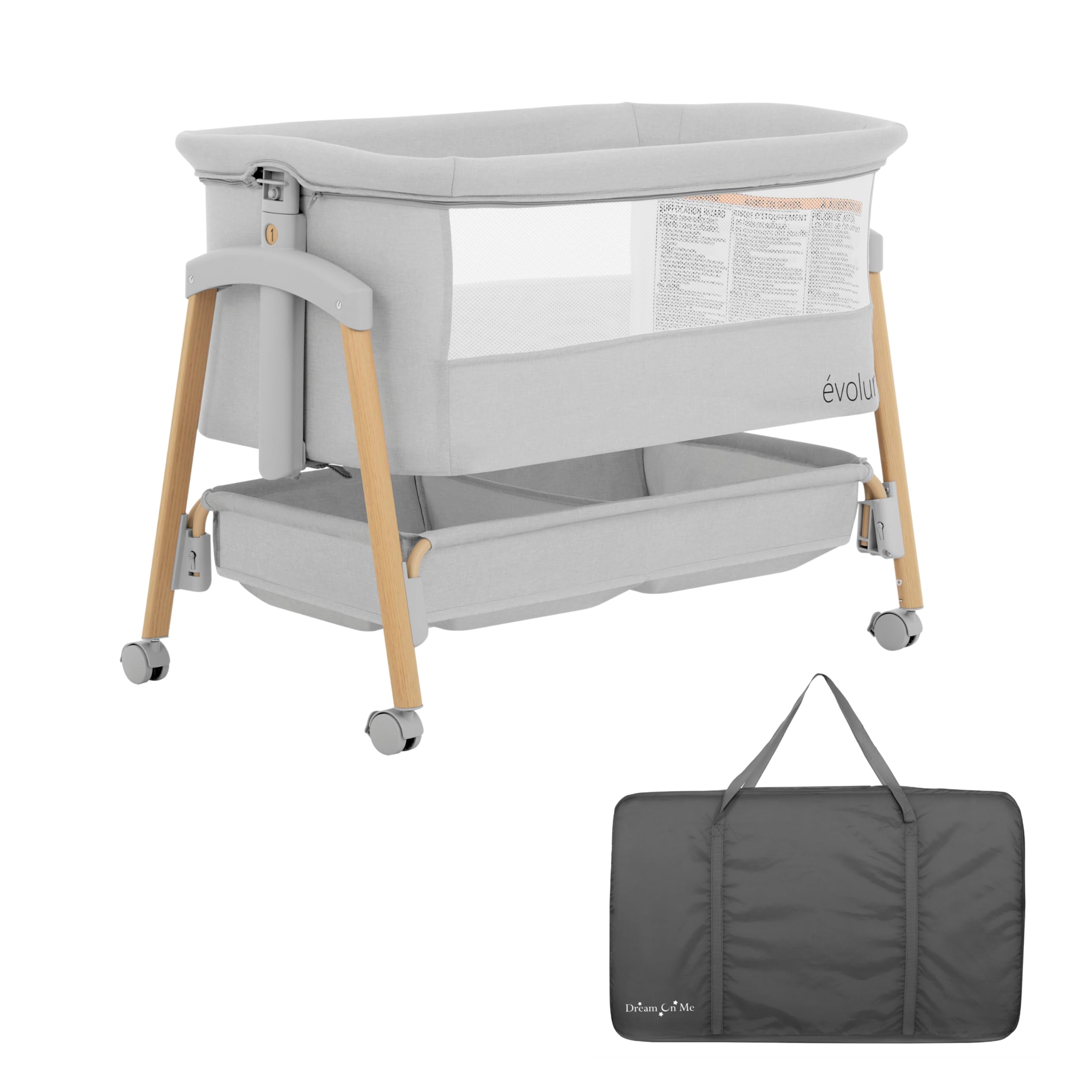 Evolur Lullaby Portable Baby Bassinet with Wheels - 7 Adjustable Heights, Breathable Mesh Sides, Large Storage Basket - Easy Fold & Carry for Travel - Perfect for Nursery, Bedroom & On-the-Go Parents (Includes Travel Bag)