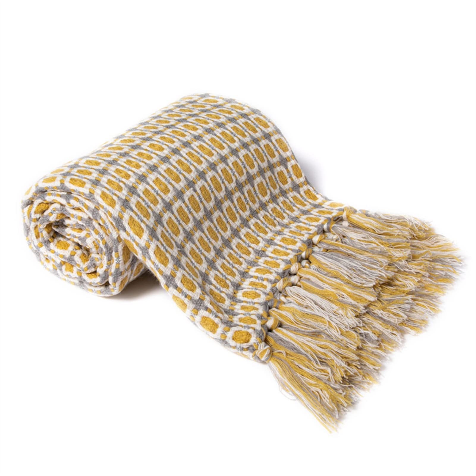 Nordic Soft Knitted Throw Blanket 150x200cm - Yellow & Grey Tassel Blanket for Bed, Sofa, Couch | Cozy Warm Knit Blanket for Living Room, Bedroom Decor | Perfect for Winter Snuggling & Home Decoration