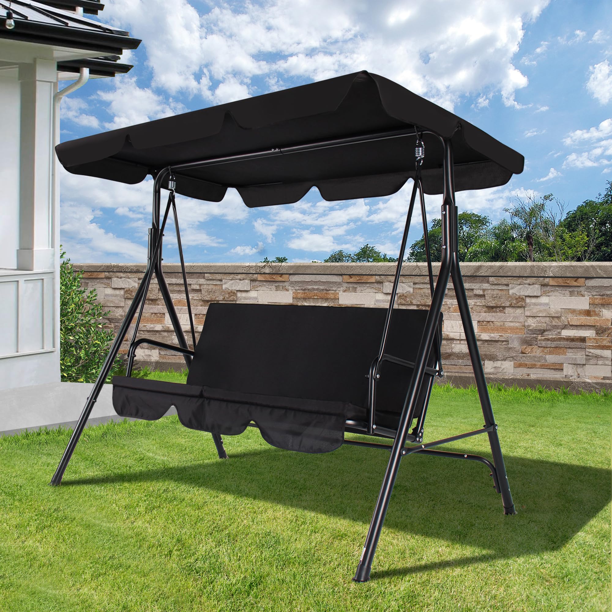 COVERONICS 3-Seat Outdoor Porch Swing Chair with Adjustable Canopy - Durable Metal Frame Patio Swing with Removable Cushions - Perfect for Backyard, Garden, Terrace & Lawn Relaxation (Black)
