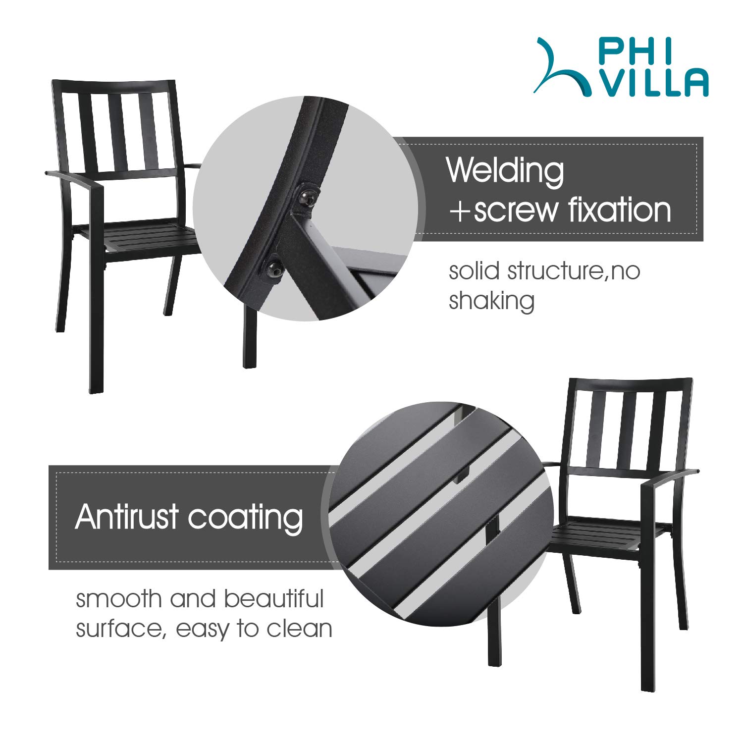 PHI VILLA 3-Piece Outdoor Bistro Set - Metal Patio Furniture with 2 Chairs & 1 Table for Garden, Backyard, Balcony - Perfect for Coffee, Dining & Relaxing in Outdoor Spaces