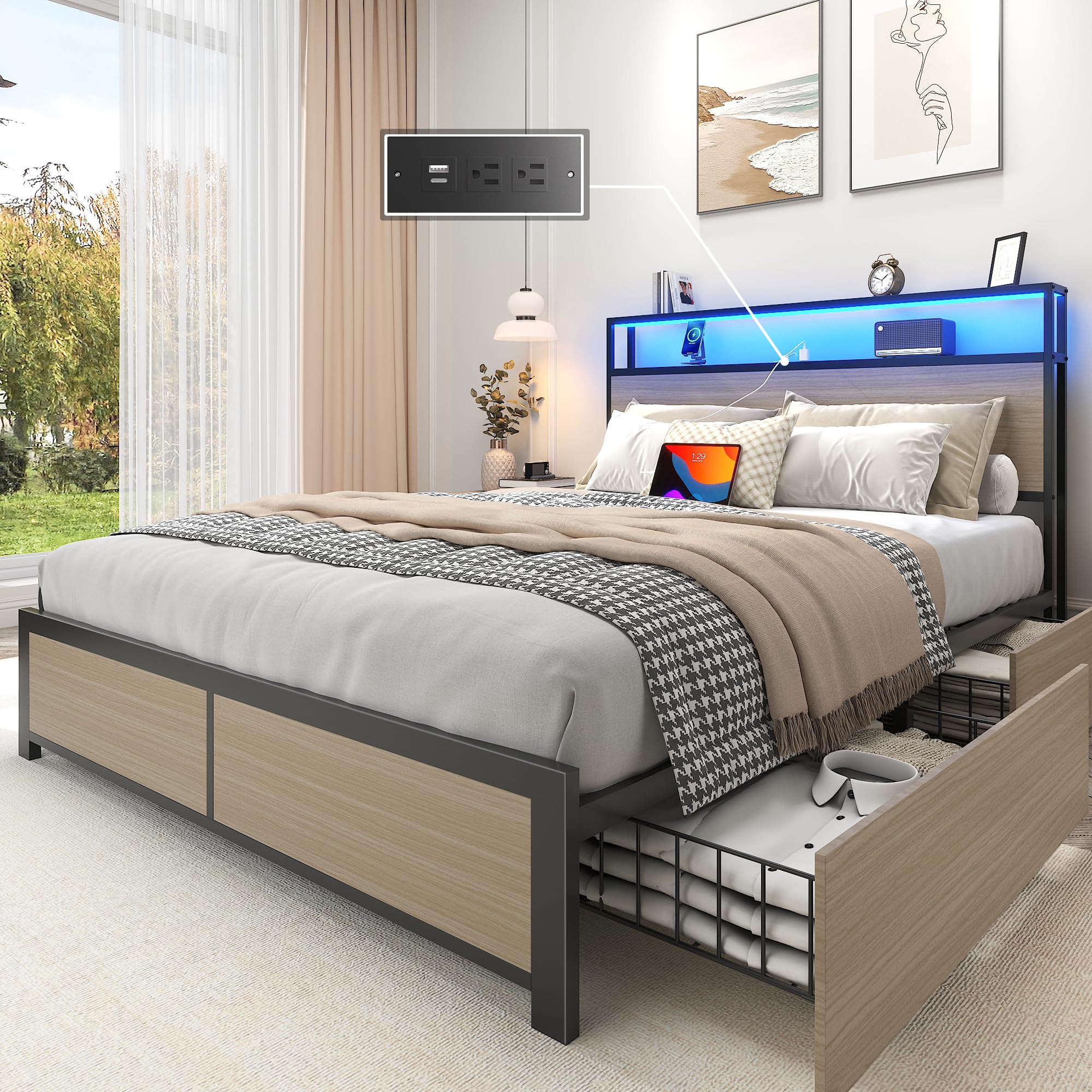 Full Bed Frame with Storage Headboard & Drawers, LED & Charging Station - Perfect for Small Bedrooms