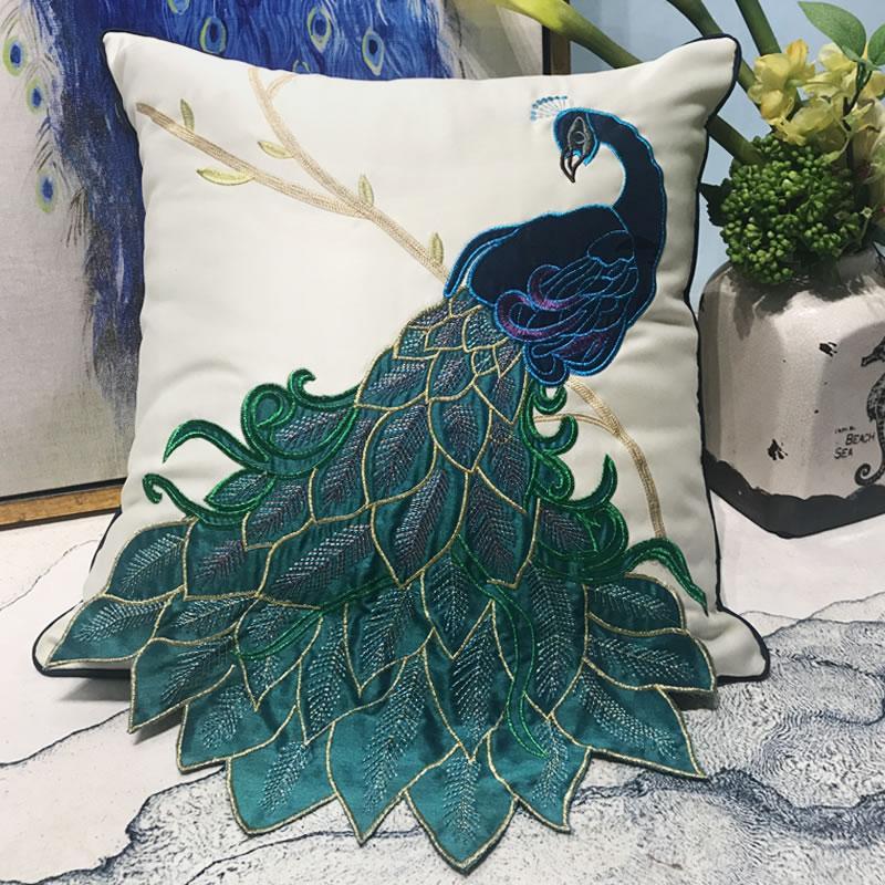 Embroidered Peacock Cotton & Linen Decorative Throw Pillows - Elegant Sofa & Couch Pillow Covers for Living Room, Bedroom Decor
