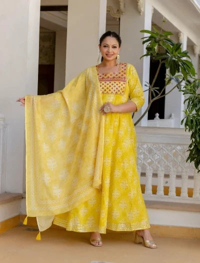 Plus Size Yellow Embroidered Anarkali Kurta & Dupatta Set for Women | Traditional Indian Ethnic Dress for Festivals, Weddings & Special Occasions