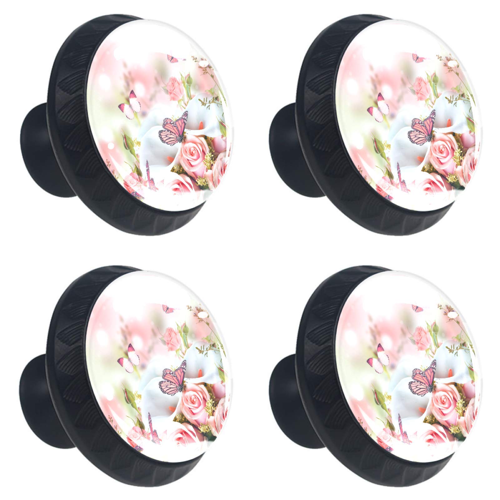 4-Piece Round Cabinet Hardware Knobs Set - Yellow Roses & White Calla Lilies Design, Drawer Dresser Cupboard Wardrobe Pulls Handles for Home Kitchen Decor | Perfect for Cabinets, Dressers, Wardrobes & DIY Furniture Upgrades