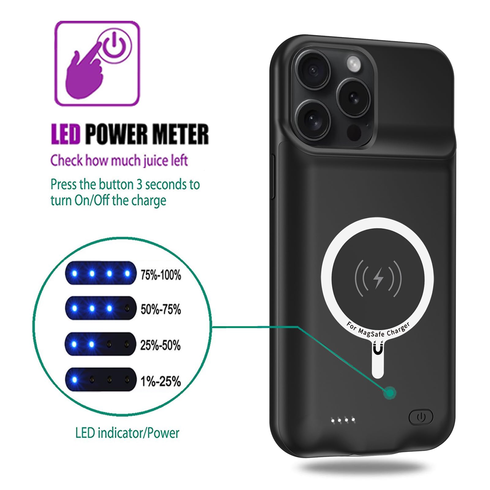 iPhone 15 Pro Max Wireless Charging Case - 12000mAh High Capacity Battery Pack with Qi Wireless Charging | Portable Extended Battery Charger for iPhone 15 Pro Max (6.7 inch) | Perfect for Travel, Work & Outdoor Activities (Black)