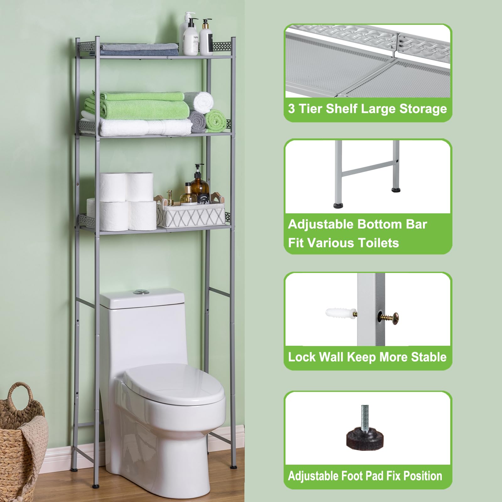 Over The Toilet Storage Shelf - Space Saving Bathroom Organizer with Metal Frame in Light Grey | Perfect for Small Bathrooms, Apartments & Powder Rooms