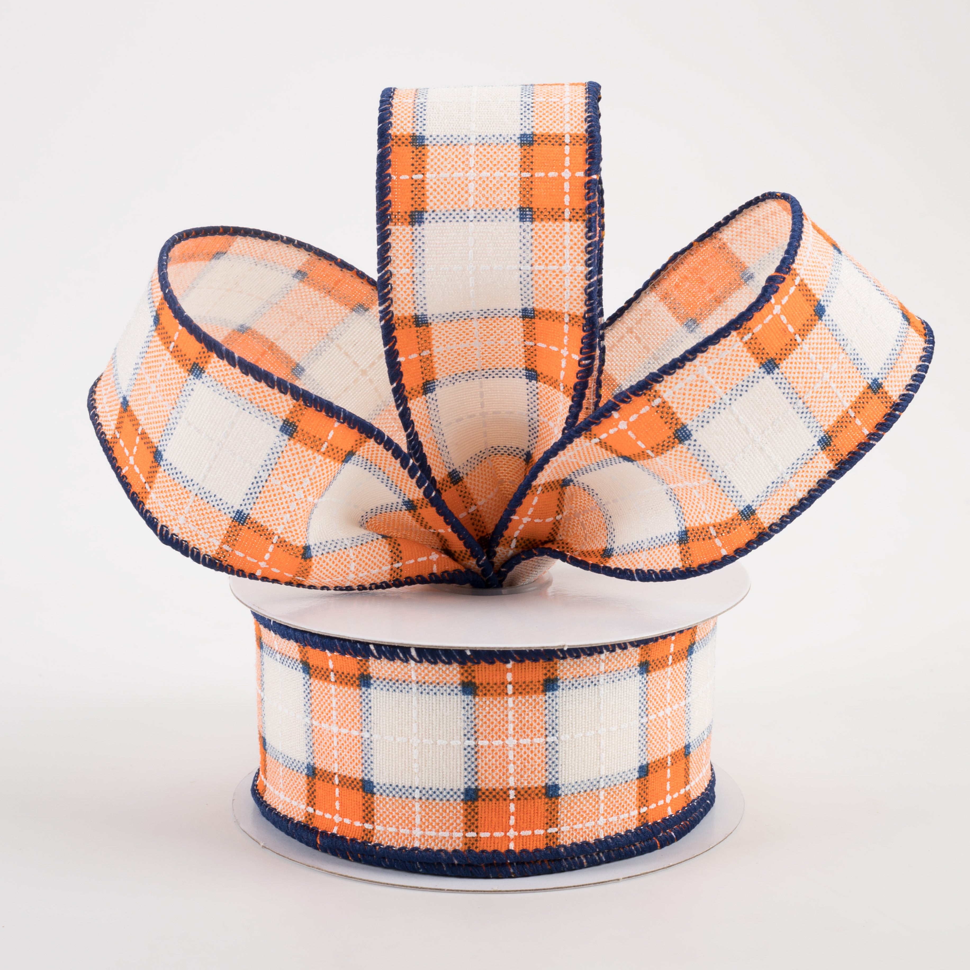 1.5 Inch Canvas Printed Plaid Ribbon - Orange, Navy & White Checkered Fabric Ribbon (10 Yards) for Gift Wrapping, DIY Crafts, Scrapbooking & Home Decor