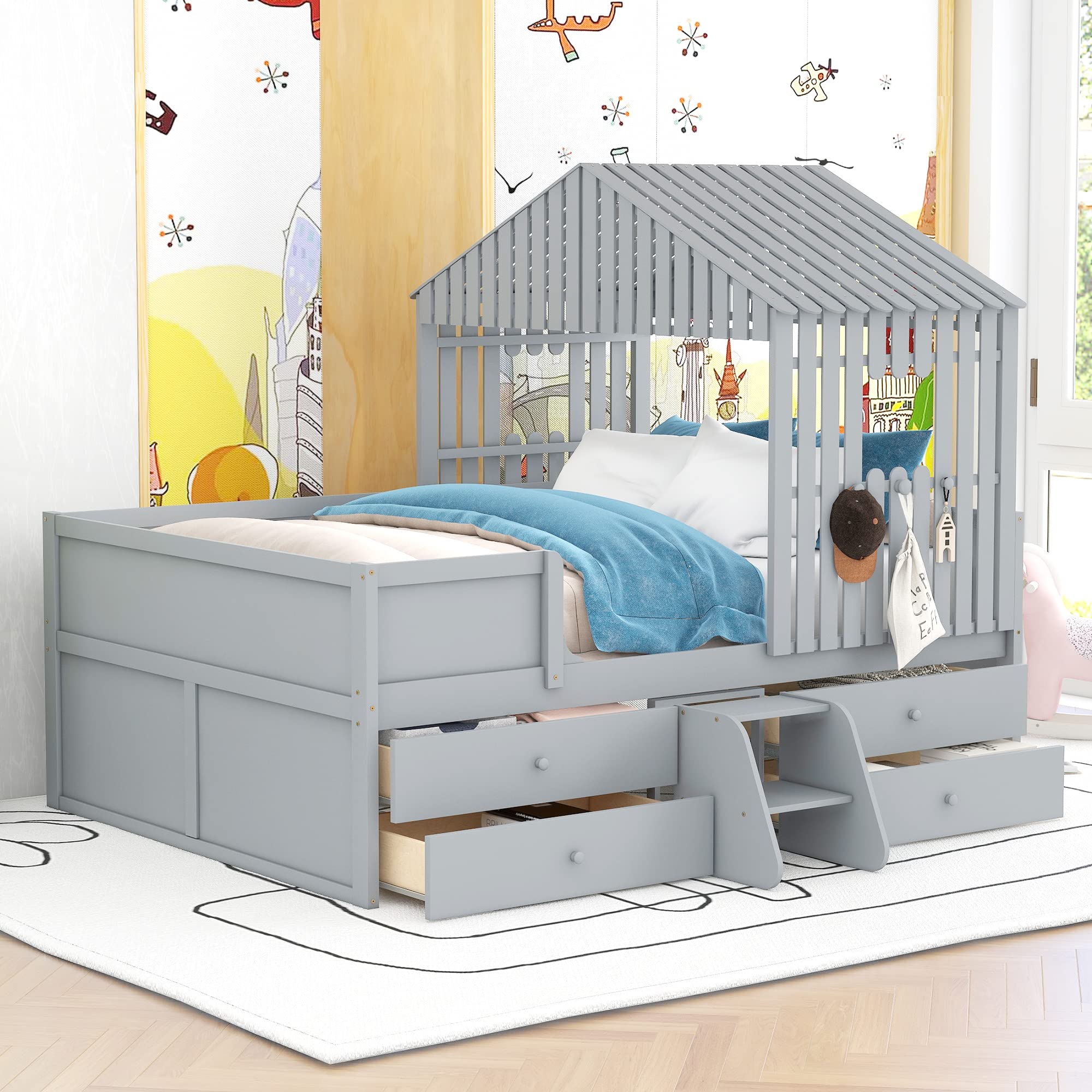 Full Size Wooden Loft House Bed for Kids with Storage Drawers & Playhouse Design - Low Profile Cabin Bed Frame with Roof & Windows for Boys & Girls - No Box Spring Needed, Grey - Perfect for Bedrooms, Playrooms & Small Spaces