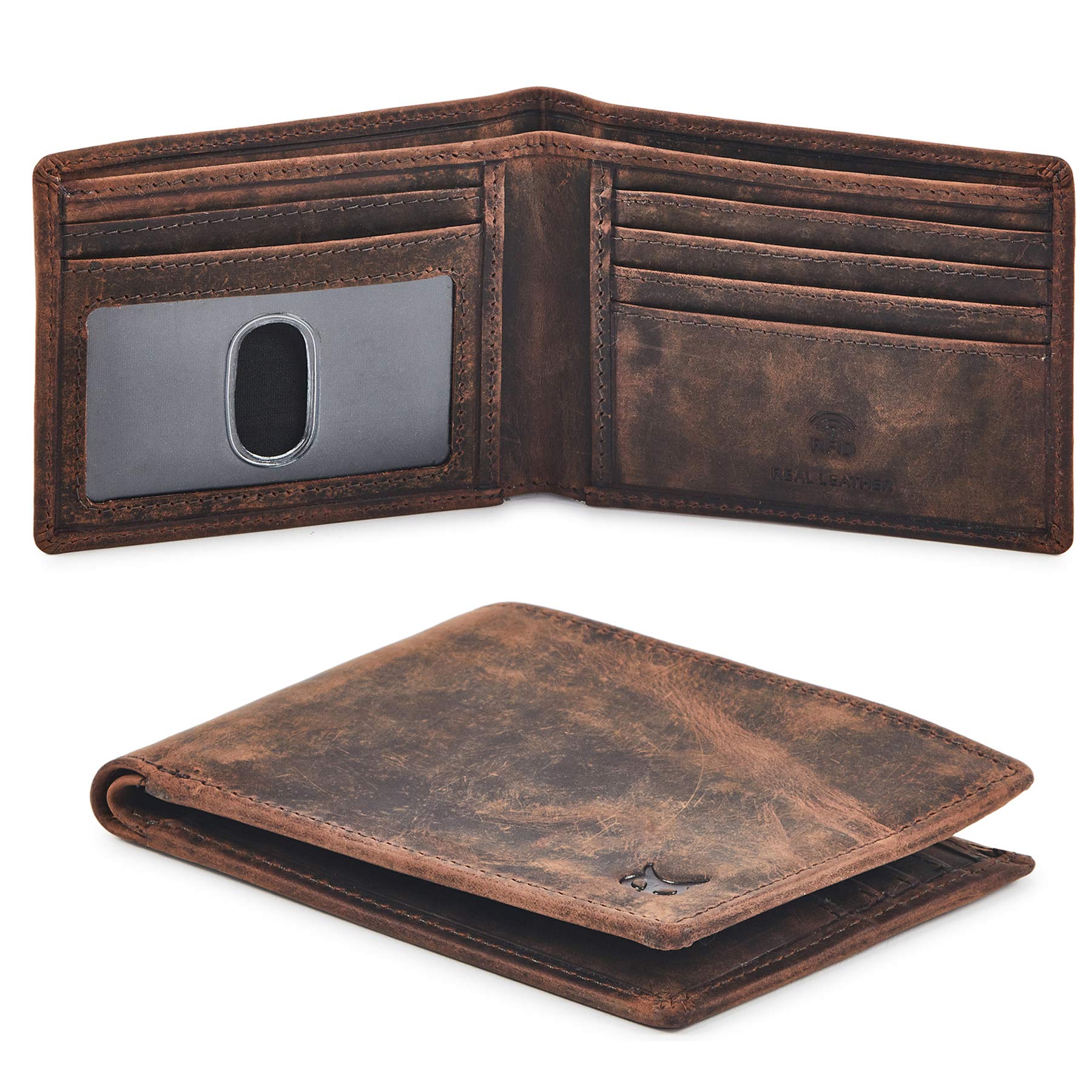 Genuine Leather RFID Blocking Slim Bifold Wallet for Men - Thin & Stylish Minimalist Front Pocket Wallet with ID Window (Crazy Horse, Cognac) - Perfect for Everyday Carry, Travel & Gift Giving