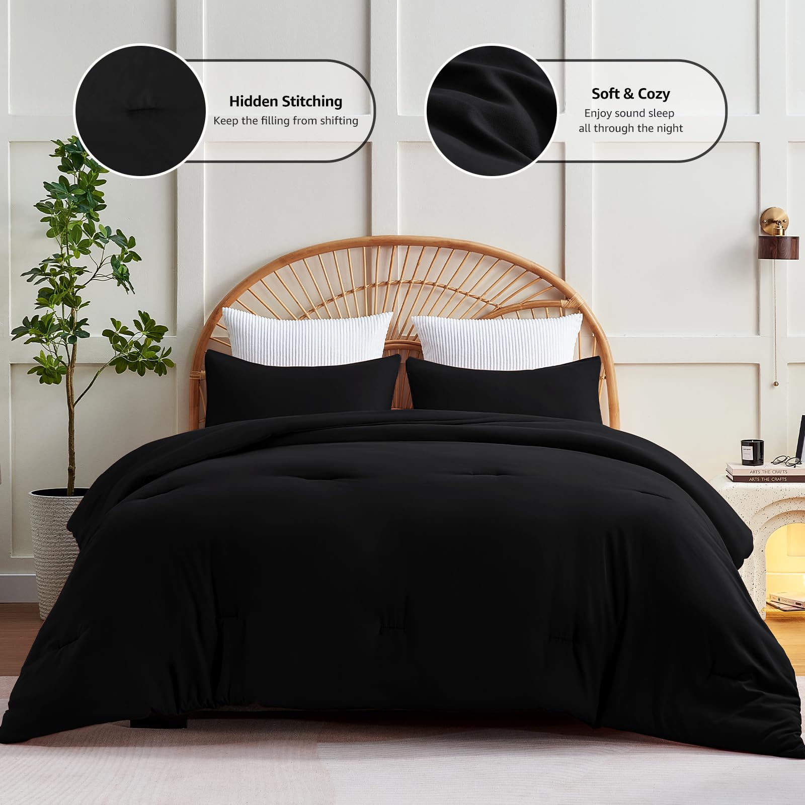 Luxury Queen Comforter Set - 3 Piece Black Microfiber Down Alternative Bedding | Breathable Quilted Design for All Seasons (1 Comforter + 2 Pillow Shams) | Soft & Cozy for Master Bedroom, Guest Room, or Dorm