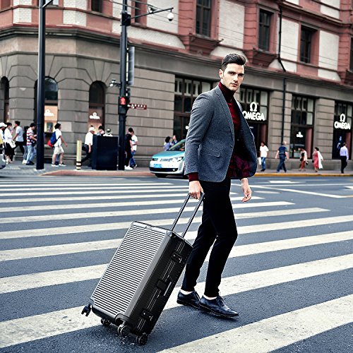Durable 24 Inch Black Aluminum Frame PC Hardshell Spinner Suitcase with TSA Lock | Lightweight Luggage for Travel, Business Trips & Vacations