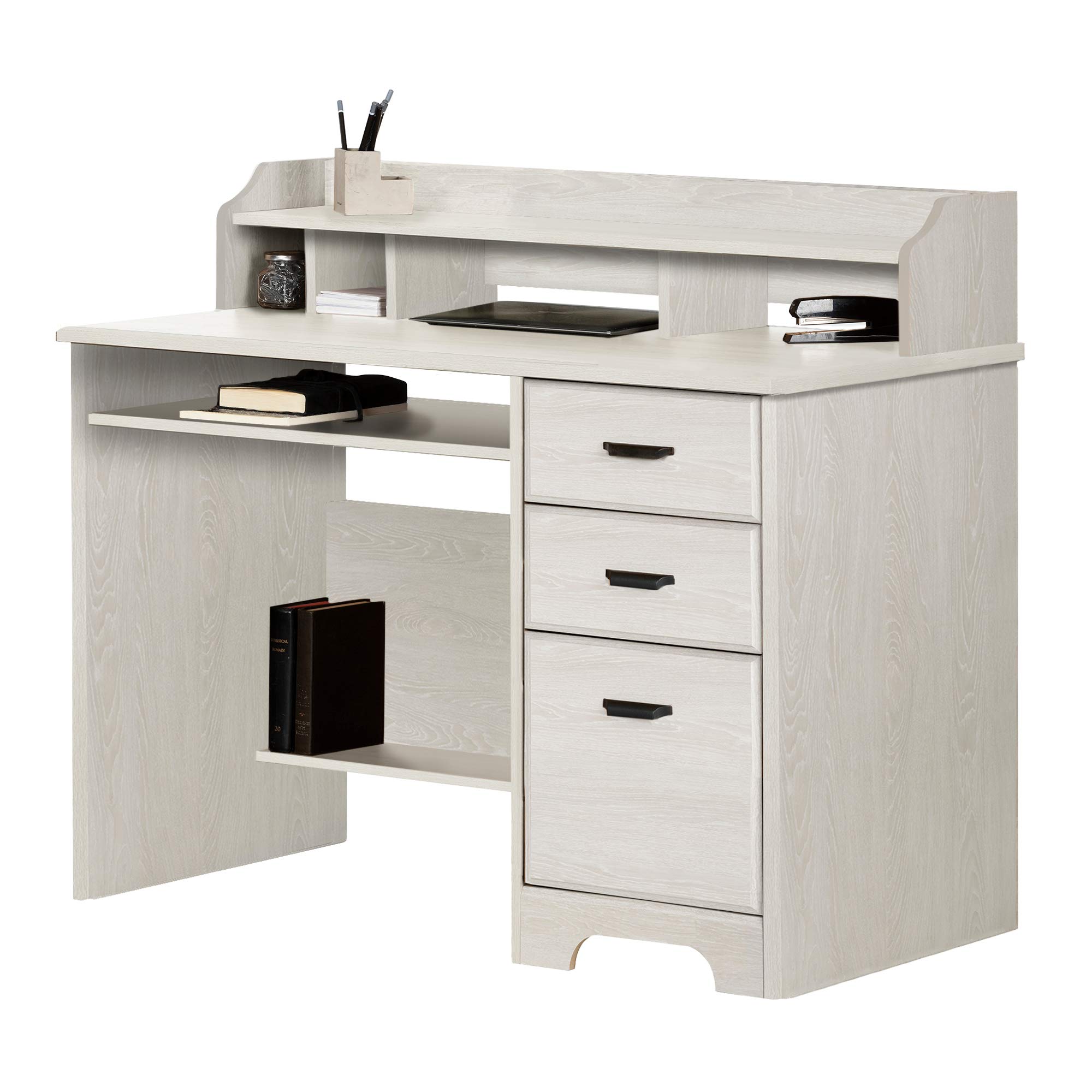 South Shore Versa Computer Desk with Hutch in Winter Oak Finish – Traditional Home Office Desk for Work & Study