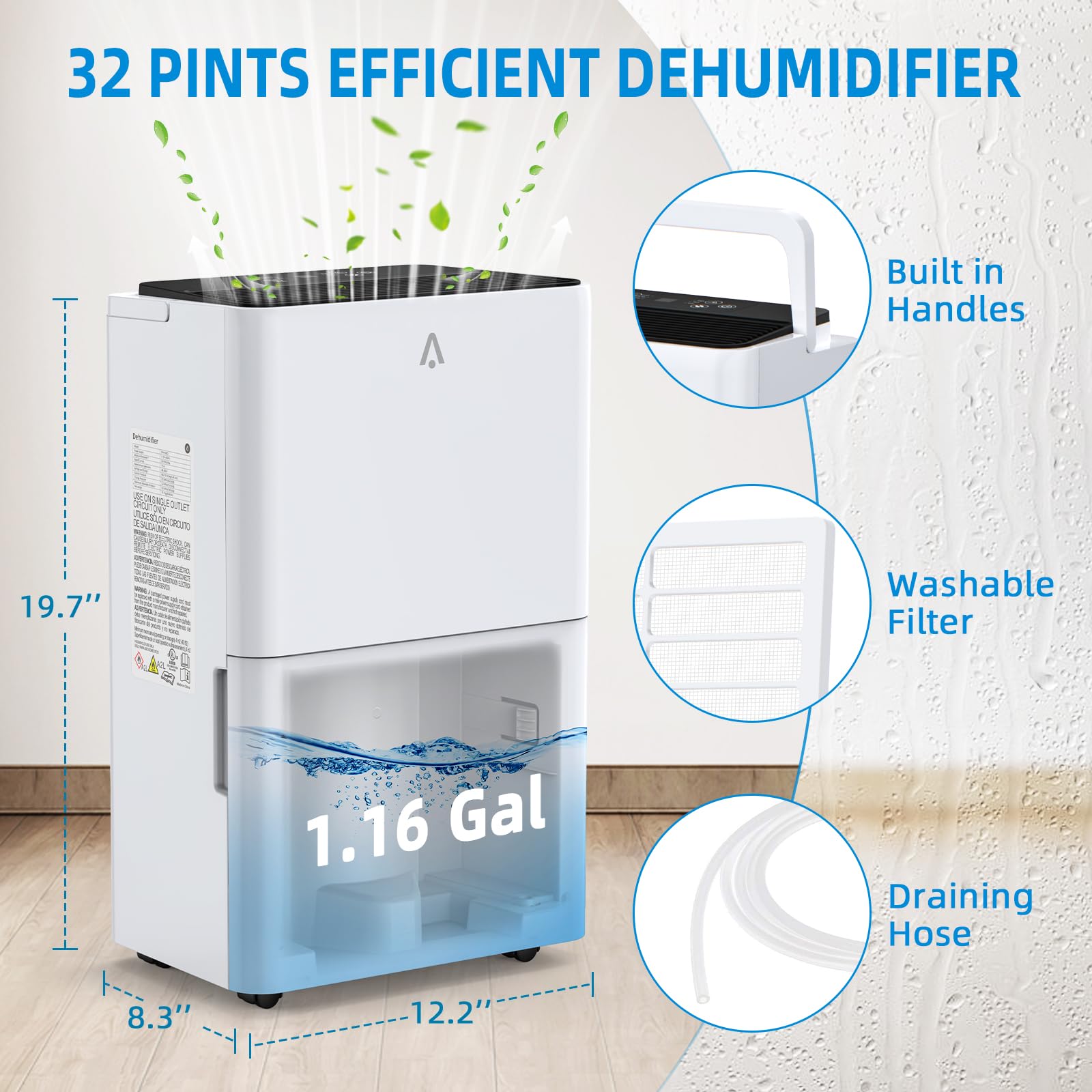 GARVEE 32 Pints Portable Dehumidifier for Basement & Large Rooms up to 3,000 Sq.Ft - Smart Home Dehumidifier with Built-in Pump, Drain Hose, Auto Shut Off - Ultra Quiet 24 Hour Timer - Perfect for Damp Basements, Bedrooms, Closets and RV Use