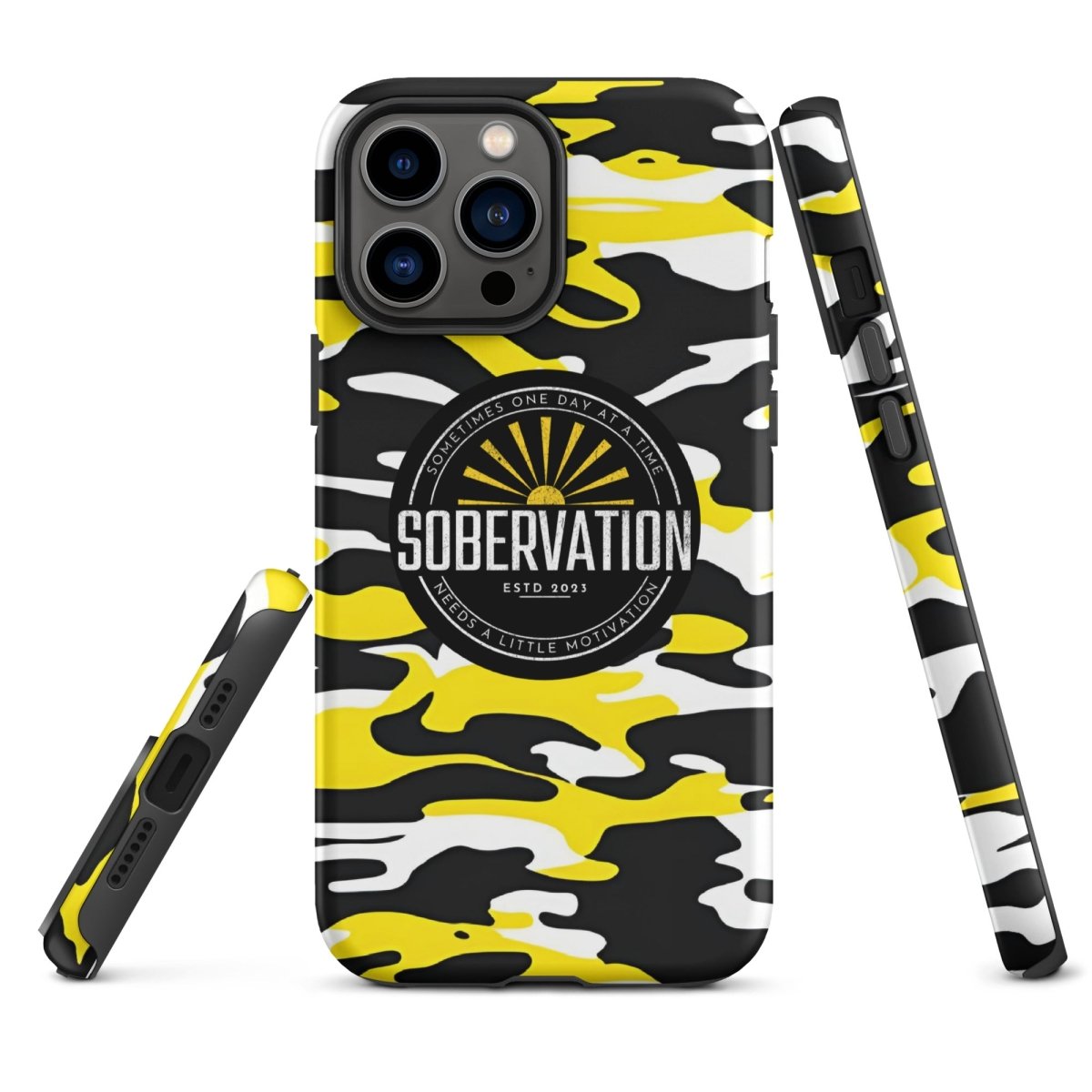 Sobervation Yellow Camo iPhone Case - Durable Shockproof Protective Cover for iPhone 14/13/12/11 Pro Max XR XS - Perfect for Outdoor Adventures, Hiking & Travel
