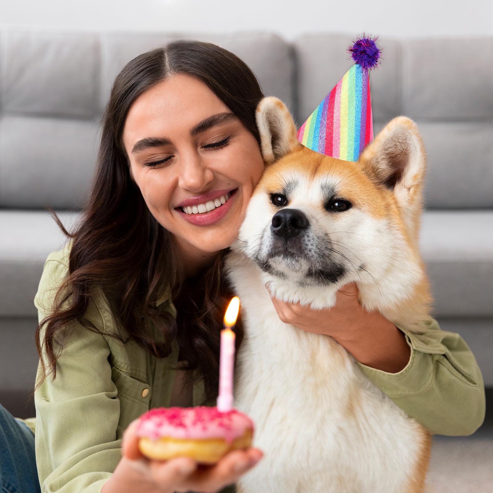 6 Pack Rainbow Pet Birthday Hats - Adjustable Puppy & Kitten Party Hats with Pompoms for Dogs, Cats & Stuffed Animals | Perfect for Pet Birthday Parties, Photo Shoots & Costume Events