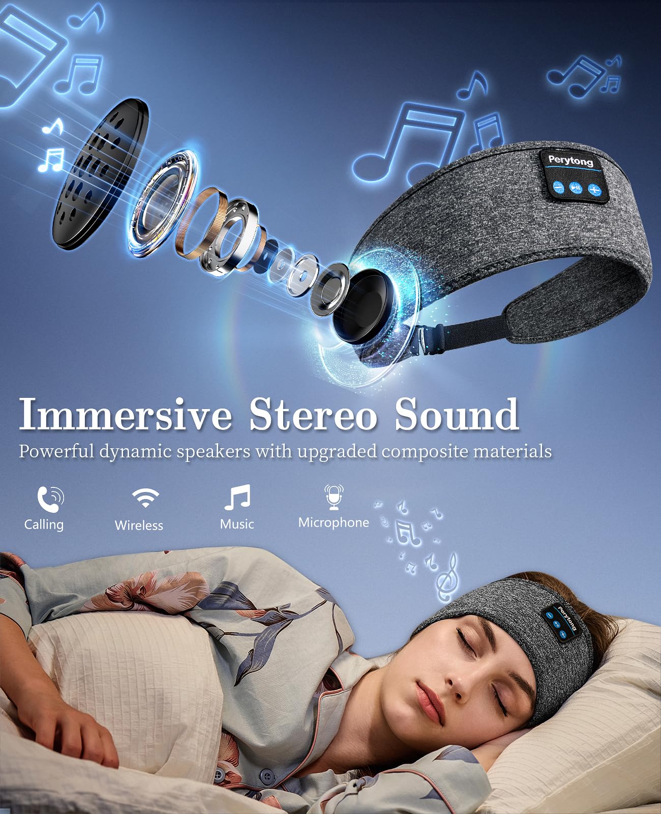 Perytong Adjustable Bluetooth Sleep Headphones - Wireless Headband with HD Stereo Sound, Comfortable for Side Sleepers - Perfect for Sleeping, Yoga, Workout, Jogging, Travel & Relaxation - Cool Tech Gift for Men, Women, Moms