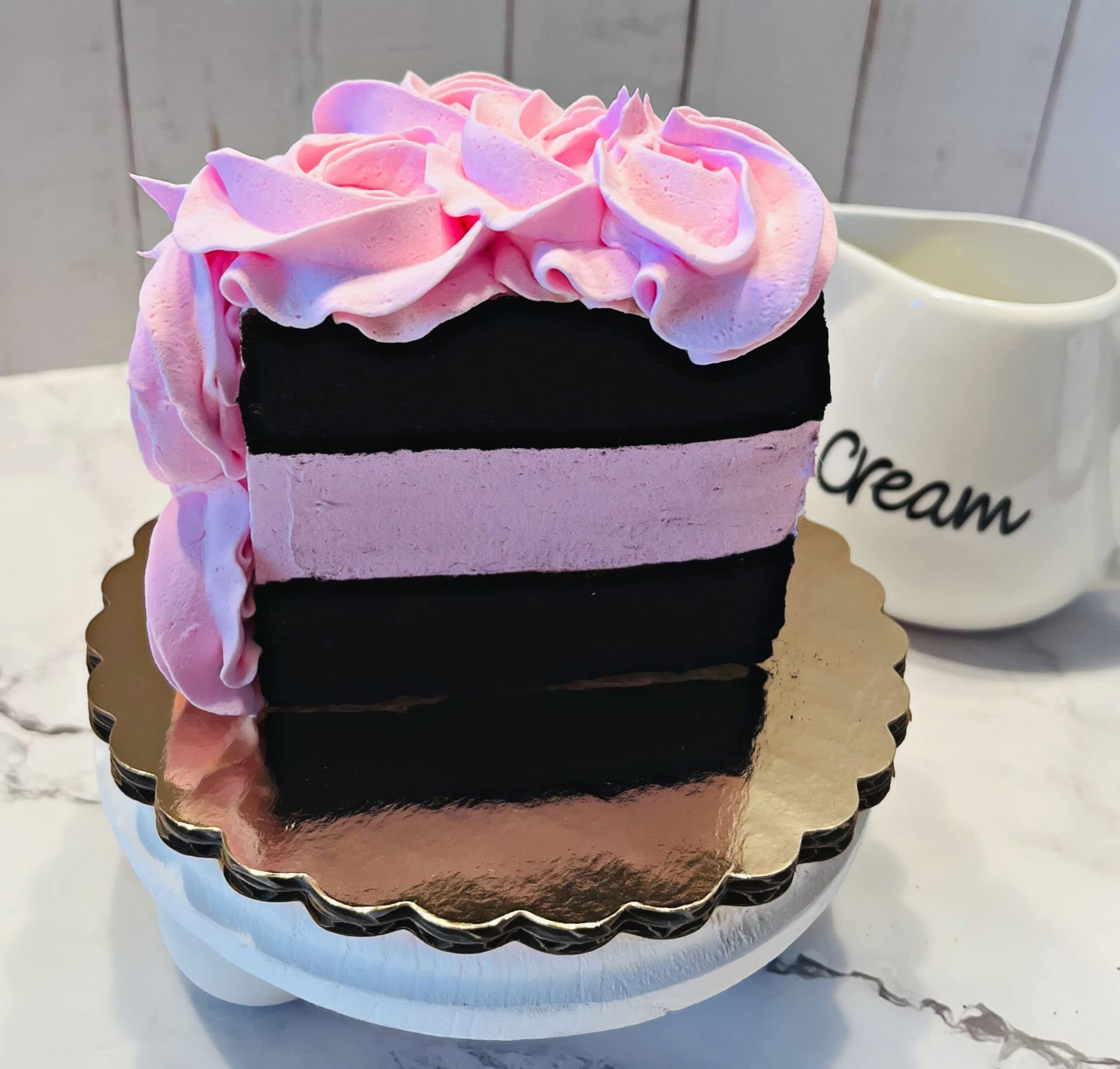 Artificial Cupcakes & Fake Cake for Display - USA Made Faux Cake Decorations - Home & Kitchen Fake Desserts - Fake Cake Slice with Pink Rosette - Perfect for Wedding, Party & Bakery Display