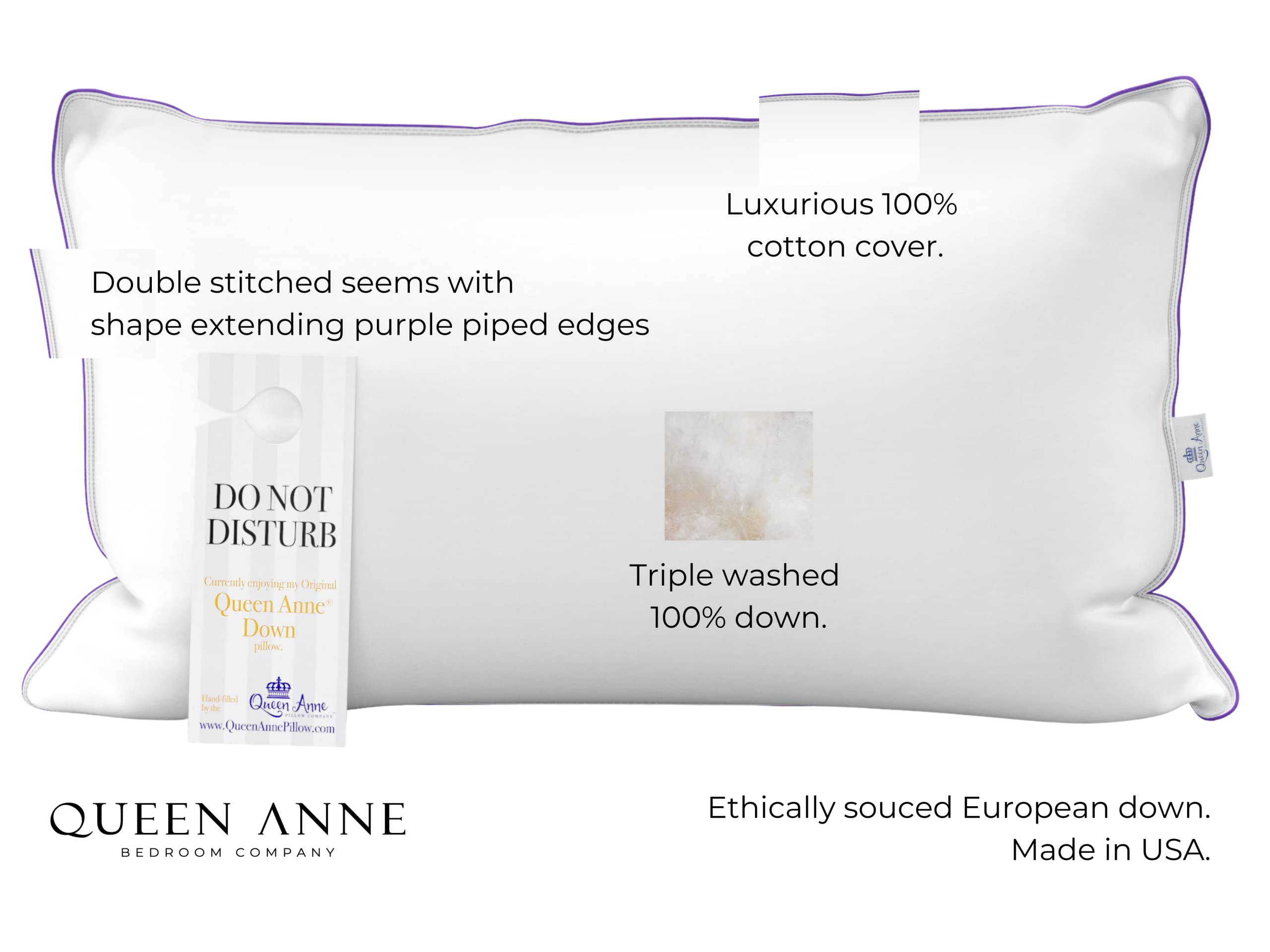 Premium Queen Anne Luxury 100% Down Pillow - Hypoallergenic European White Goose & Duck Down Blend - Cruelty-Free Hotel Quality Pillow - Made in USA (Standard Soft) - Perfect for Side Sleepers & Luxury Bedrooms