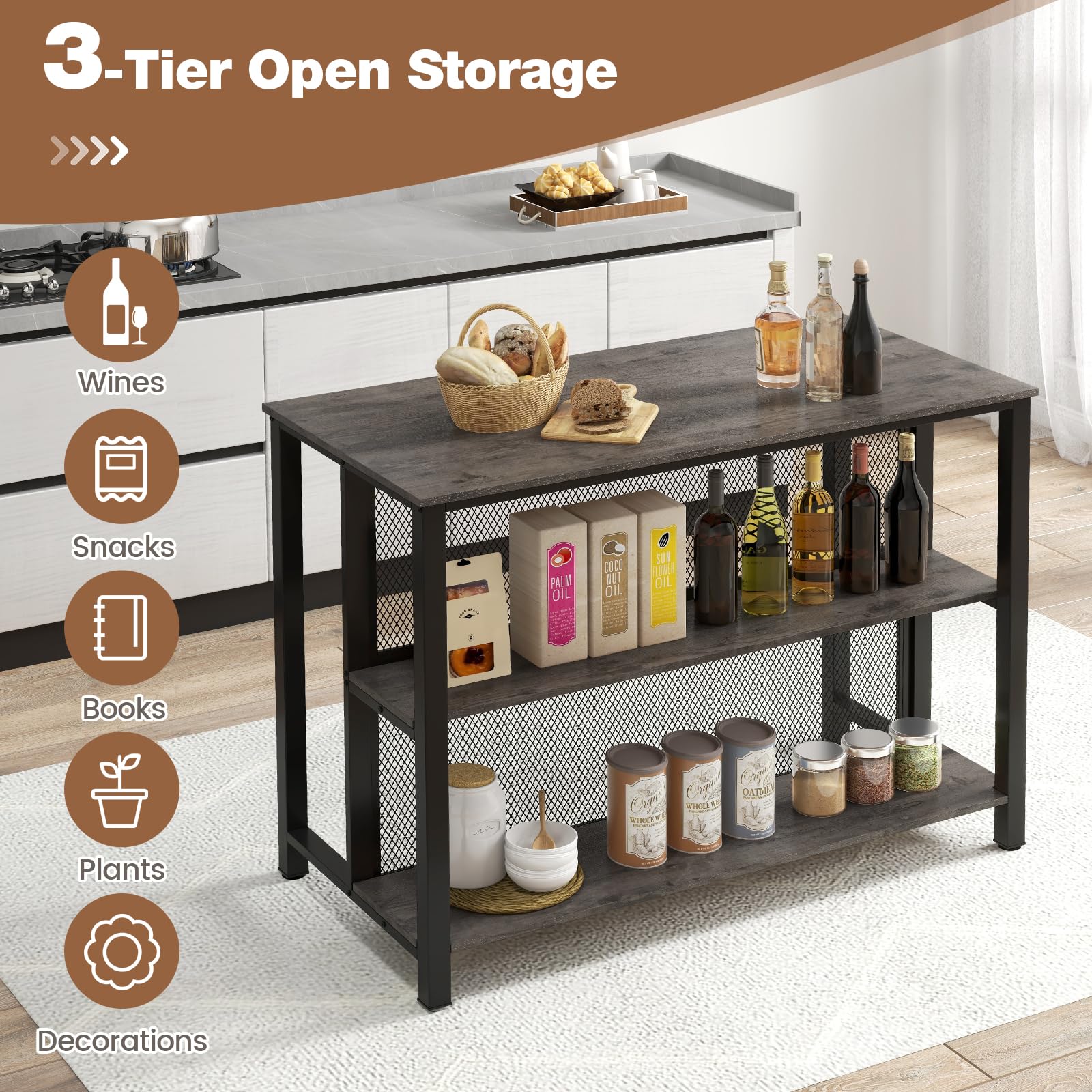 COSTWAY 3-Tier Home Bar Table with Storage Shelves | Metal Frame Bar Cabinet with Adjustable Foot Pads | Kitchen Island, Dining Room & Breakfast Corner Bar Unit (Grey) | Perfect for Small Space Entertaining & Compact Home Bars