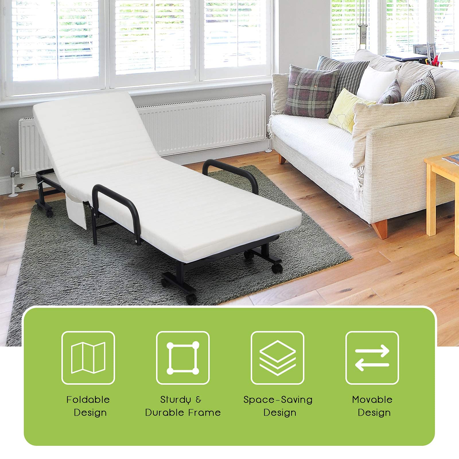KOTEK Foldable Single Bed with Mattress - Portable Guest Bed with Storage Bag & Lockable Wheels - Compact Rollaway Cot for Camping, Office Nap, Home Use & Travel (White)