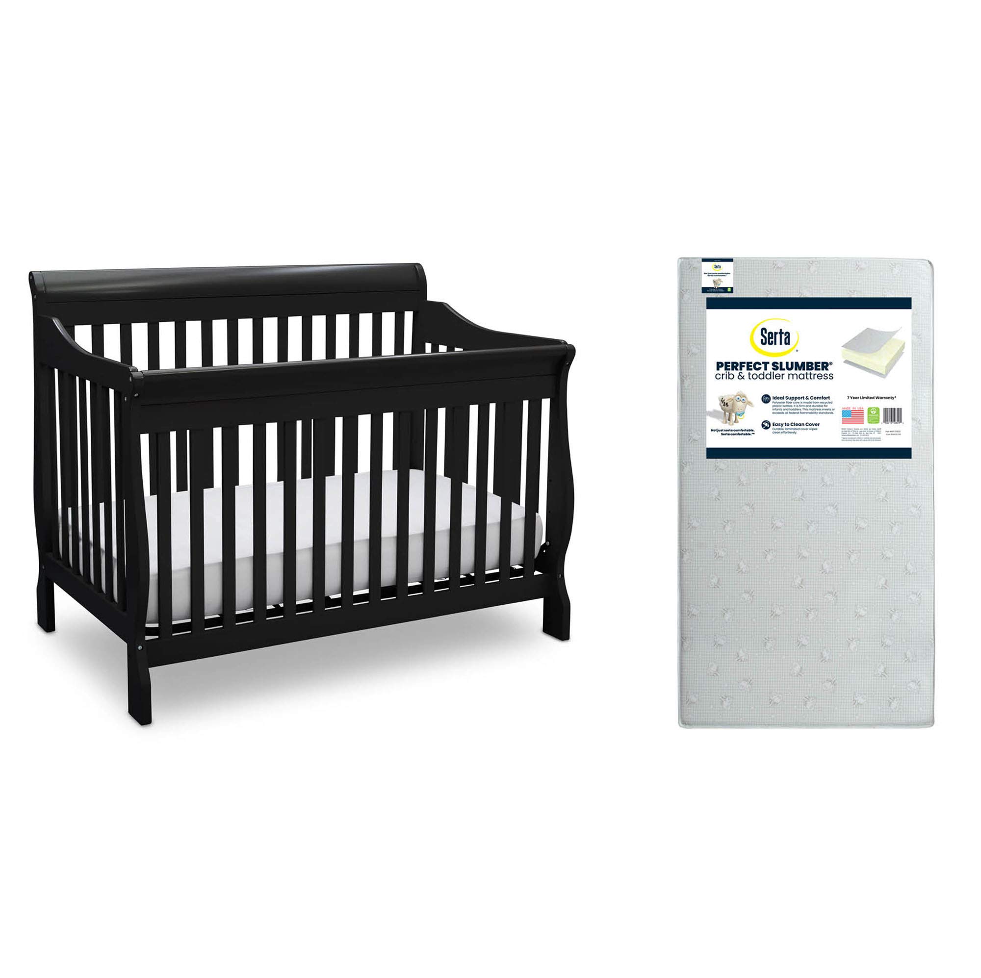 Delta Children Canton 4-in-1 Convertible Baby Crib to Toddler Bed with Serta Perfect Slumber Dual-Sided Mattress - Black Nursery Furniture Set for Newborns & Toddlers | Safe Sleep Solution for Nursery & Daycare