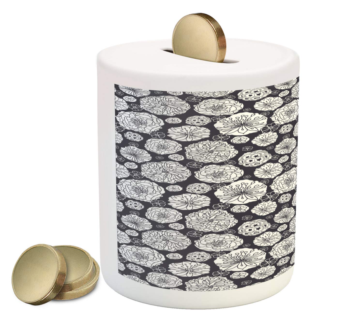 Ambesonne Ceramic Piggy Bank - Hand Drawn Floral Dandelion & Leaves Print, White & Black Money Box for Cash Savings | Perfect Gift for Garden Lovers, Home Decor & Kids Savings