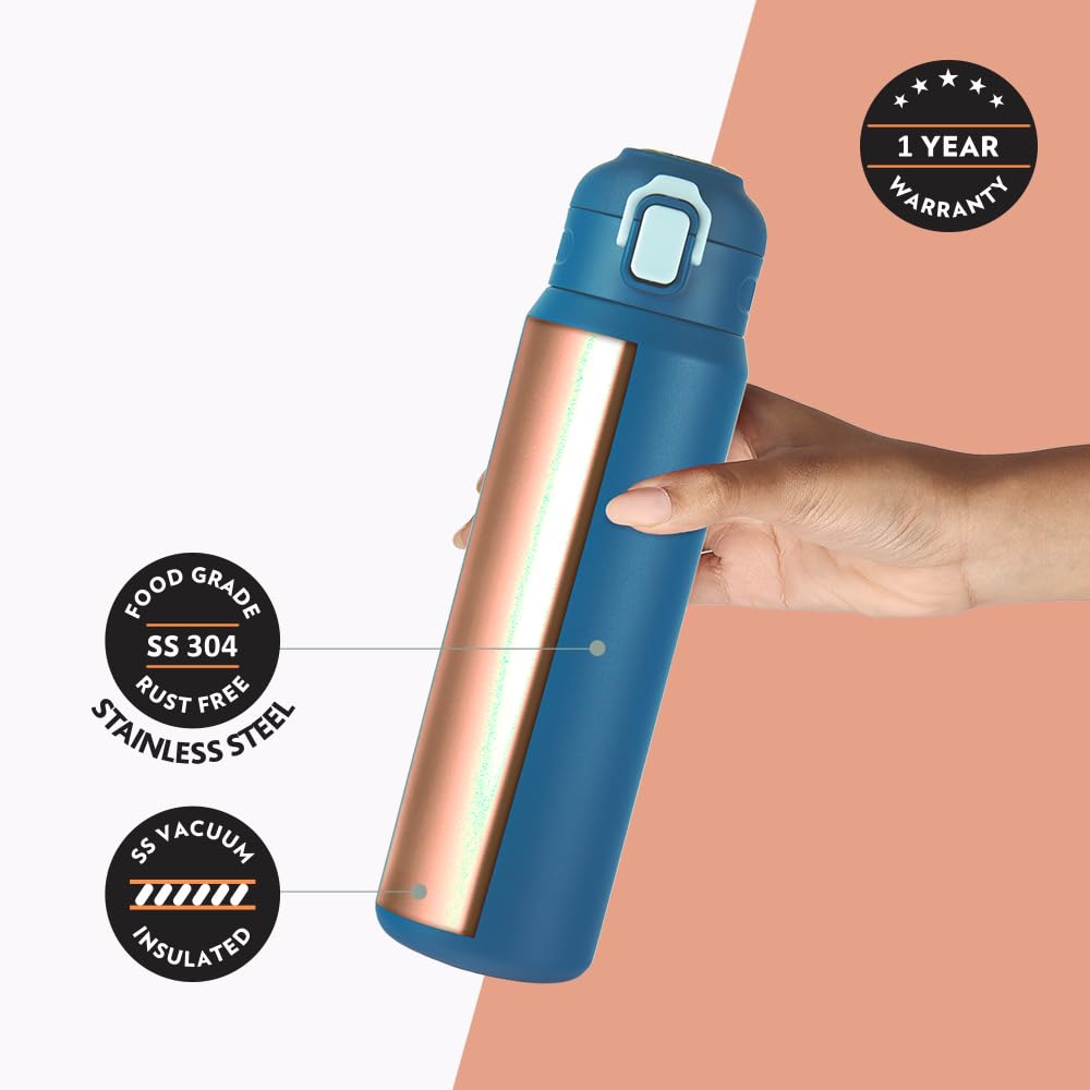 Borosil Aquasport 800ml Stainless Steel Insulated Water Bottle - 10 Hours Hot & Cold Retention, Double Wall Vacuum Insulated Flask for Office, Gym, School, Hiking & Outdoor Activities - 1 Year Warranty (Blue)