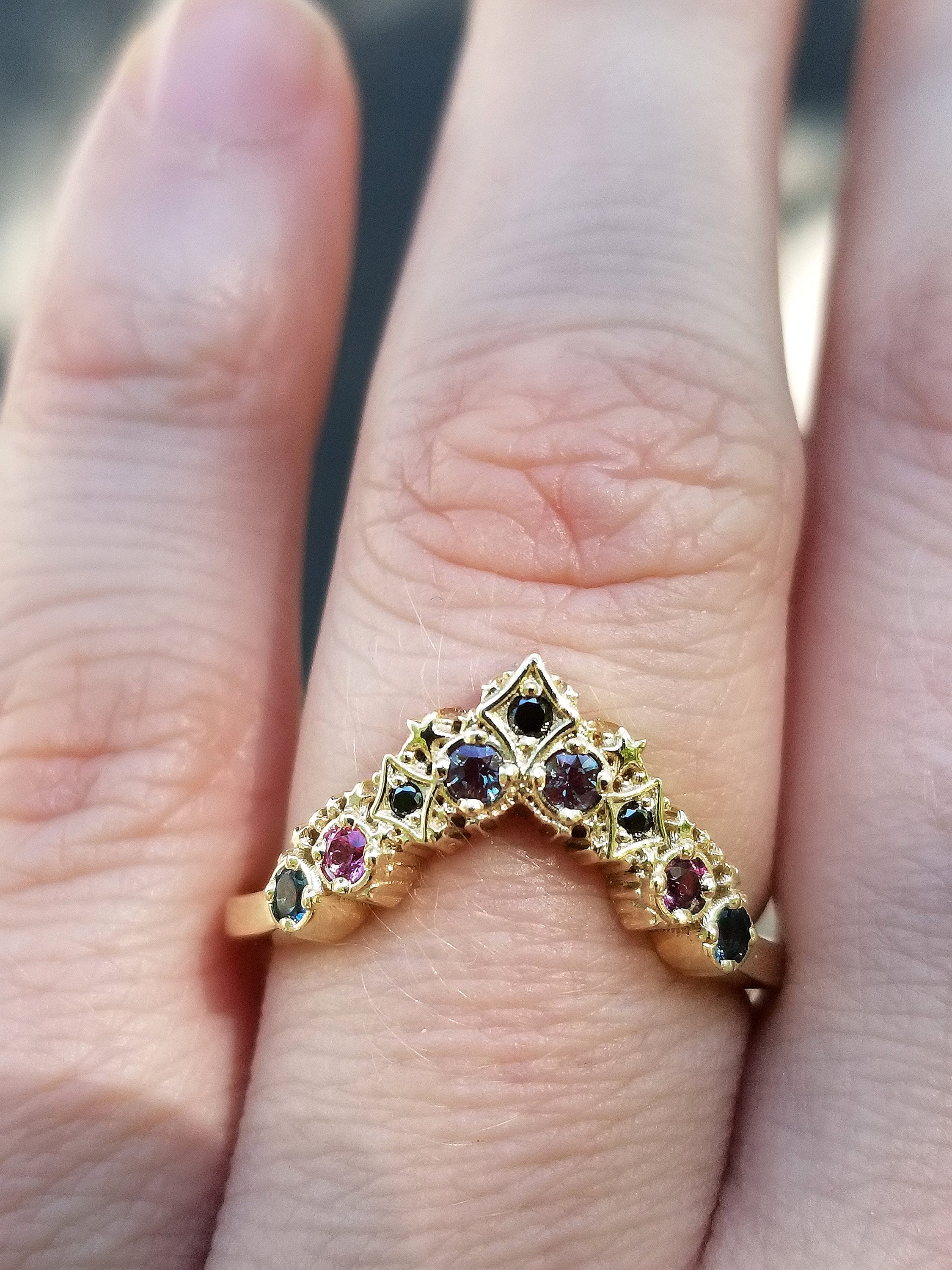 Stunning Deep Space Stardust Chevron Wedding Band with Chatham Alexandrite, Pink Sapphires, London Blue Topaz & Black/White Diamonds - Celestial Inspired Jewelry for Engagement, Anniversary & Special Occasions