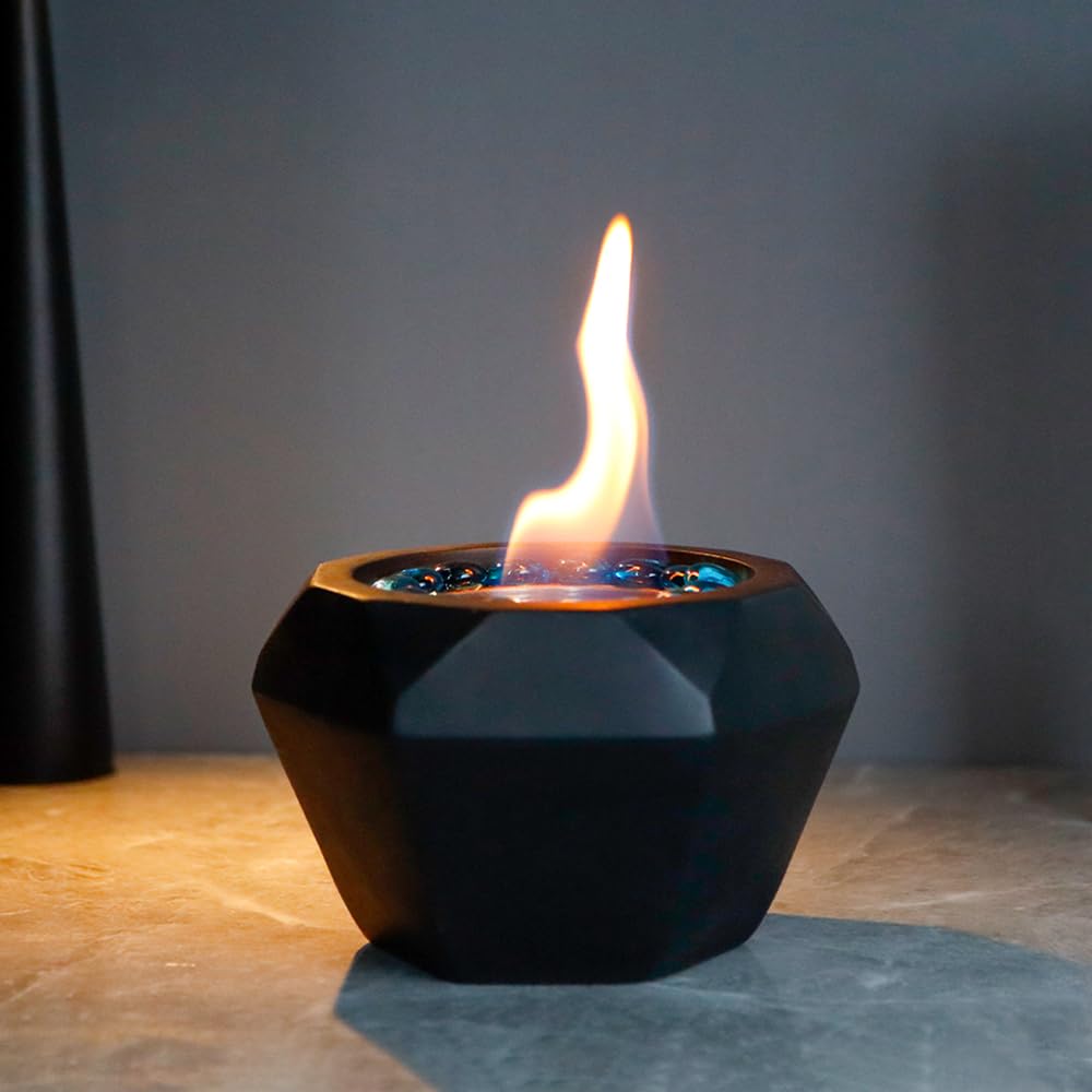 TRIROCKS Black Concrete Table Top Fire Pit Bowl with Ambient Colored Stones - Dual Alcohol Burners & Safety Extinguisher - Indoor/Outdoor Fireplace for Patio, Deck, Garden & Backyard Parties