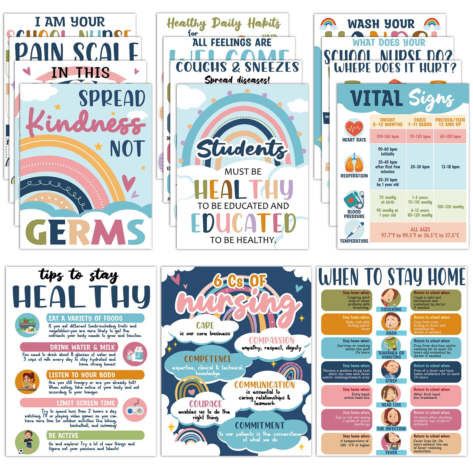 15Pcs Boho Health Posters for School Nurse Bulletin Board - 11x14 Inch Classroom Decor, Office Supplies & Kids Art Prints in Blue | Perfect for Health Education, School Office Decor & Classroom Bulletin Boards
