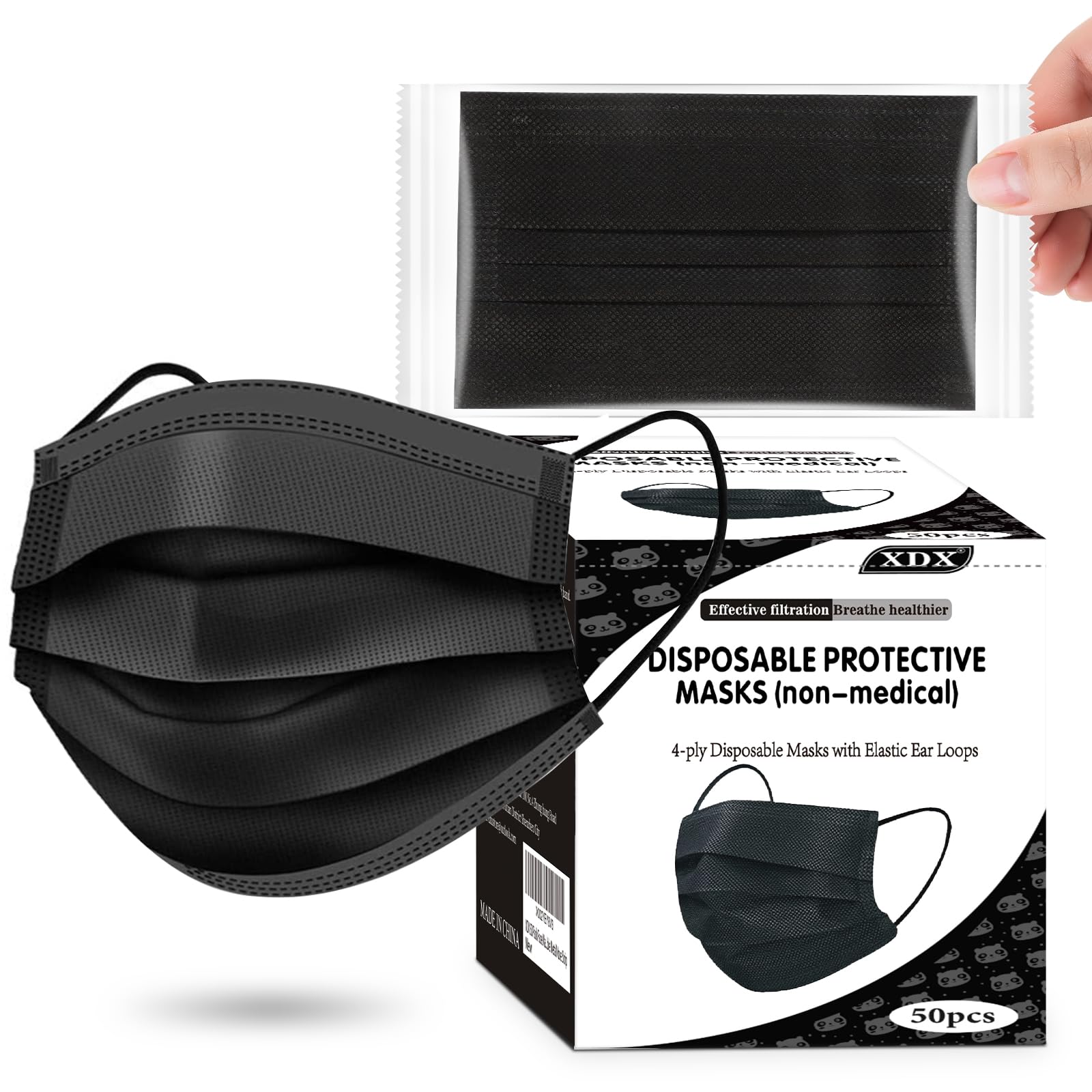 XDX Black Disposable Face Masks 50 Pack - 4 Layer Individually Wrapped Breathable Masks for Women & Men | Perfect for Daily Commute, Office Work, and Public Safety Protection