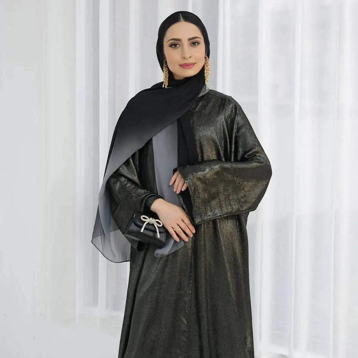 Shiny Beaded Cardigan Open Abaya Dress - Elegant Muslim Women's Cover-Up for Weddings, Parties & Special Occasions