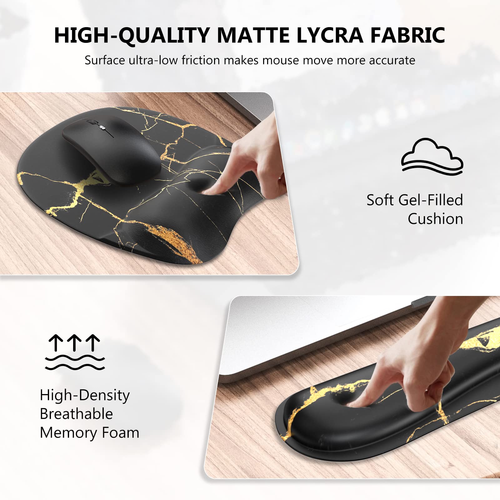 Ergonomic Mouse Pad with Wrist Rest - Black Gold Marble Desk Mat Set for Keyboard & Mouse - Office & Gaming Accessories for Comfort & Productivity - Perfect for Workstations, Home Offices & PC Setups