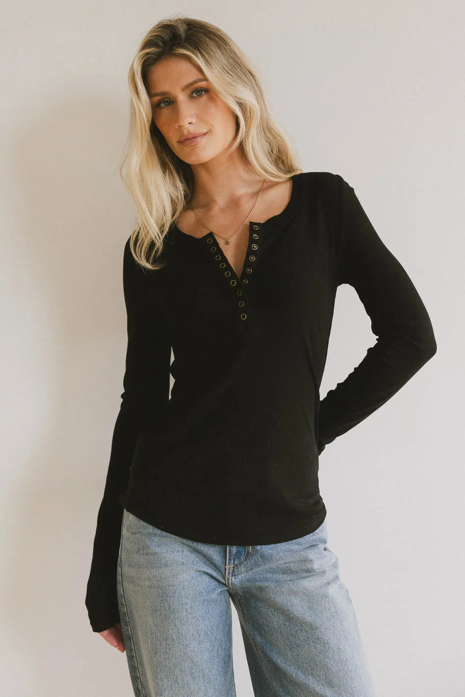 Ivanna Henley Black Women's Casual Top - Soft Cotton Long Sleeve Shirt for Everyday Wear, Office & Date Night Outfits