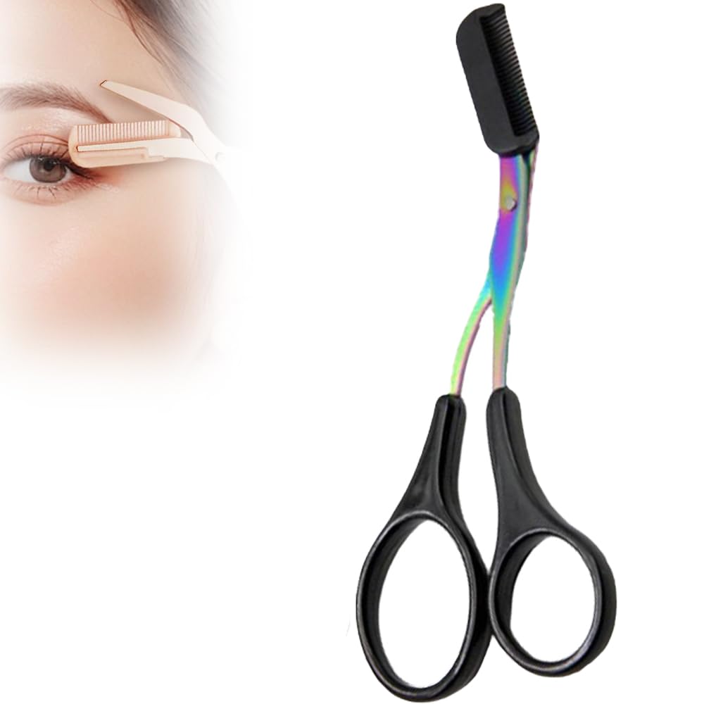 2 in 1 Stainless Steel Eyebrow Trimmer Scissors with Comb - Non-Slip Mini Eyebrow Scissors for Precise Grooming | Portable Curved Design for Men & Women | Perfect Beauty Gift for Home & Travel Use (Black)