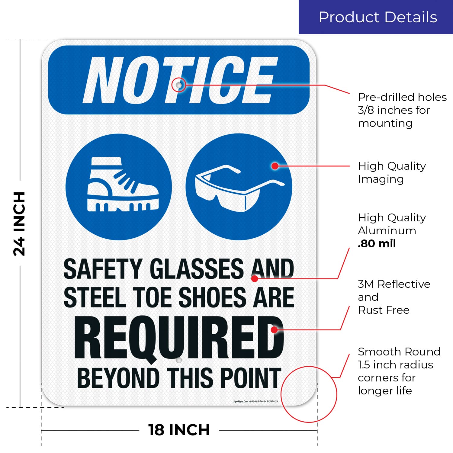 OSHA Safety Sign - 18x24 Inches, 'Safety Glasses & Steel Toe Shoes Required Beyond This Point', 3M EGP Reflective .080 Aluminum, Fade Resistant for Indoor/Outdoor Use - Made in USA | Perfect for Construction Sites, Warehouses & Industrial Facilities