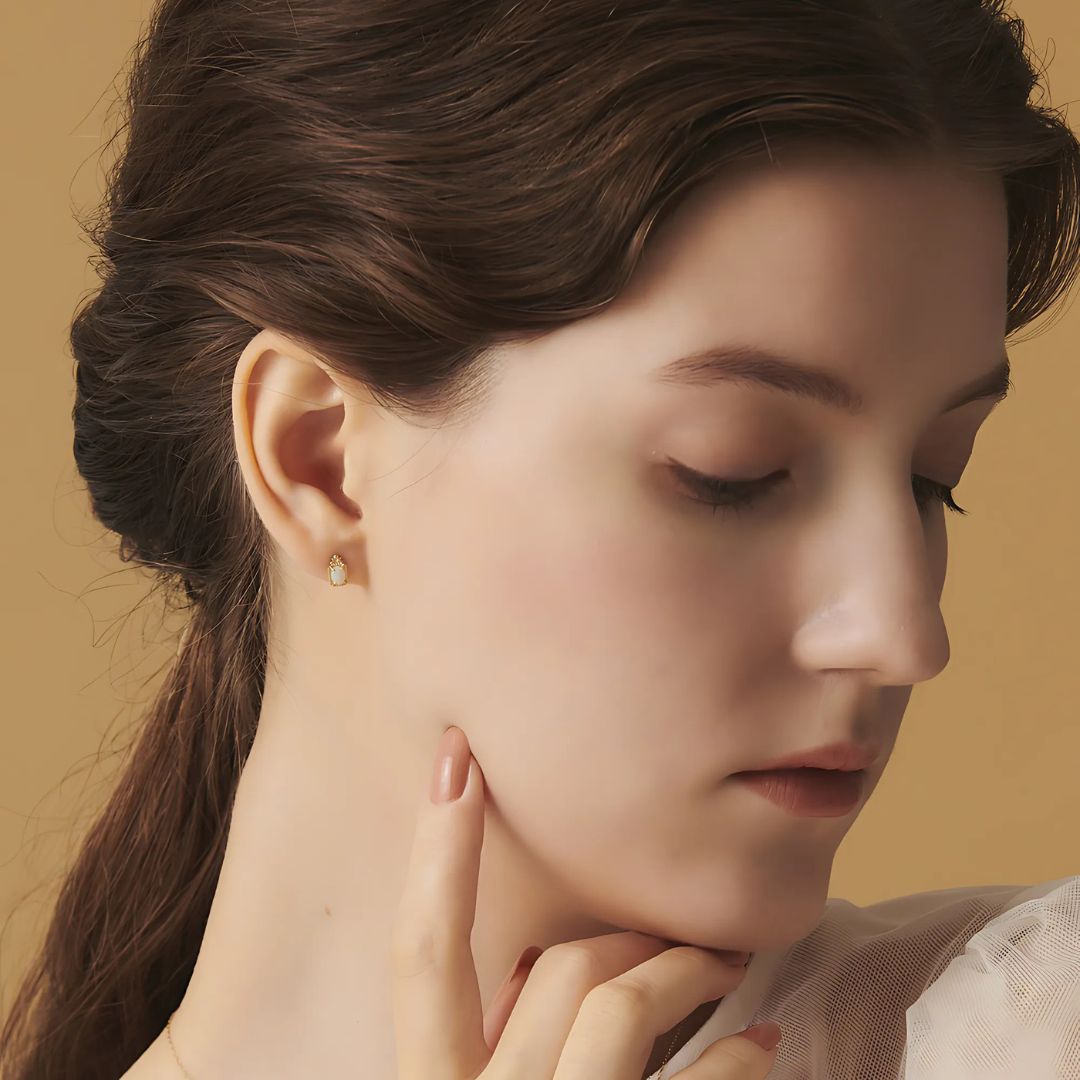 14K Gold Natural Opal Baguette Stud Earrings for Women | HJZB 426 | Elegant Everyday Jewelry & Special Occasion Gift
