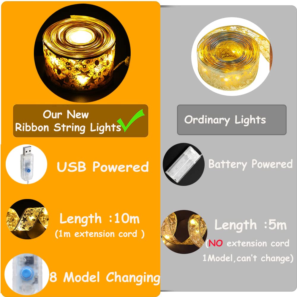 GIHOO 32ft 100 LED Christmas Tree Lights with Copper Wire & Ribbon Bows - Warm Gold Lights (6.3cm Width) for Holiday Decorations, Parties, Weddings | Perfect for Indoor/Outdoor Christmas Trees, Home Decor, and Festive Events