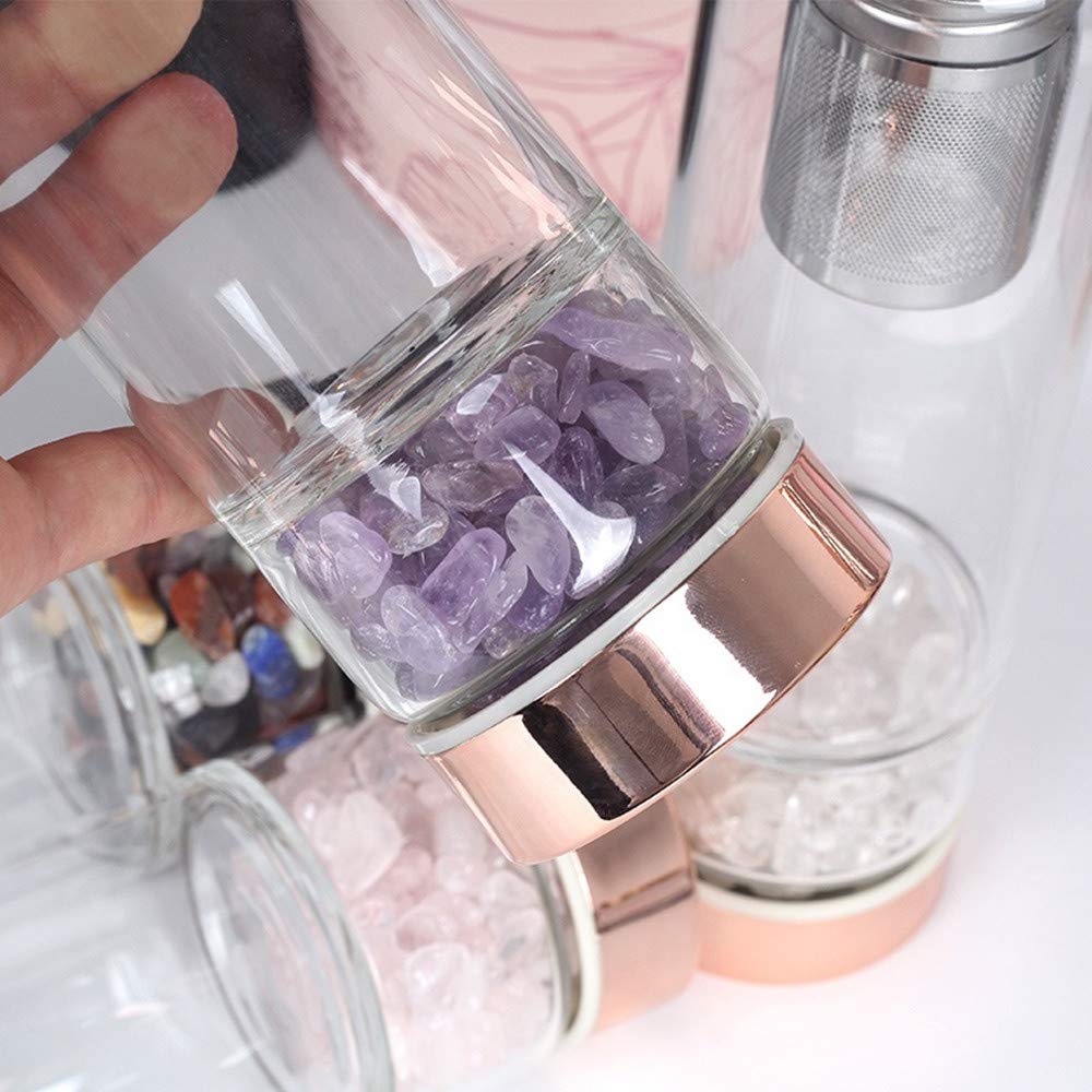**15 oz Rose Quartz Crystal Infused Water Bottle with Tea Strainer - Chakra Healing & Wellness, Reusable Glass Bottle for Detox, Yoga, Meditation & Daily Hydration**