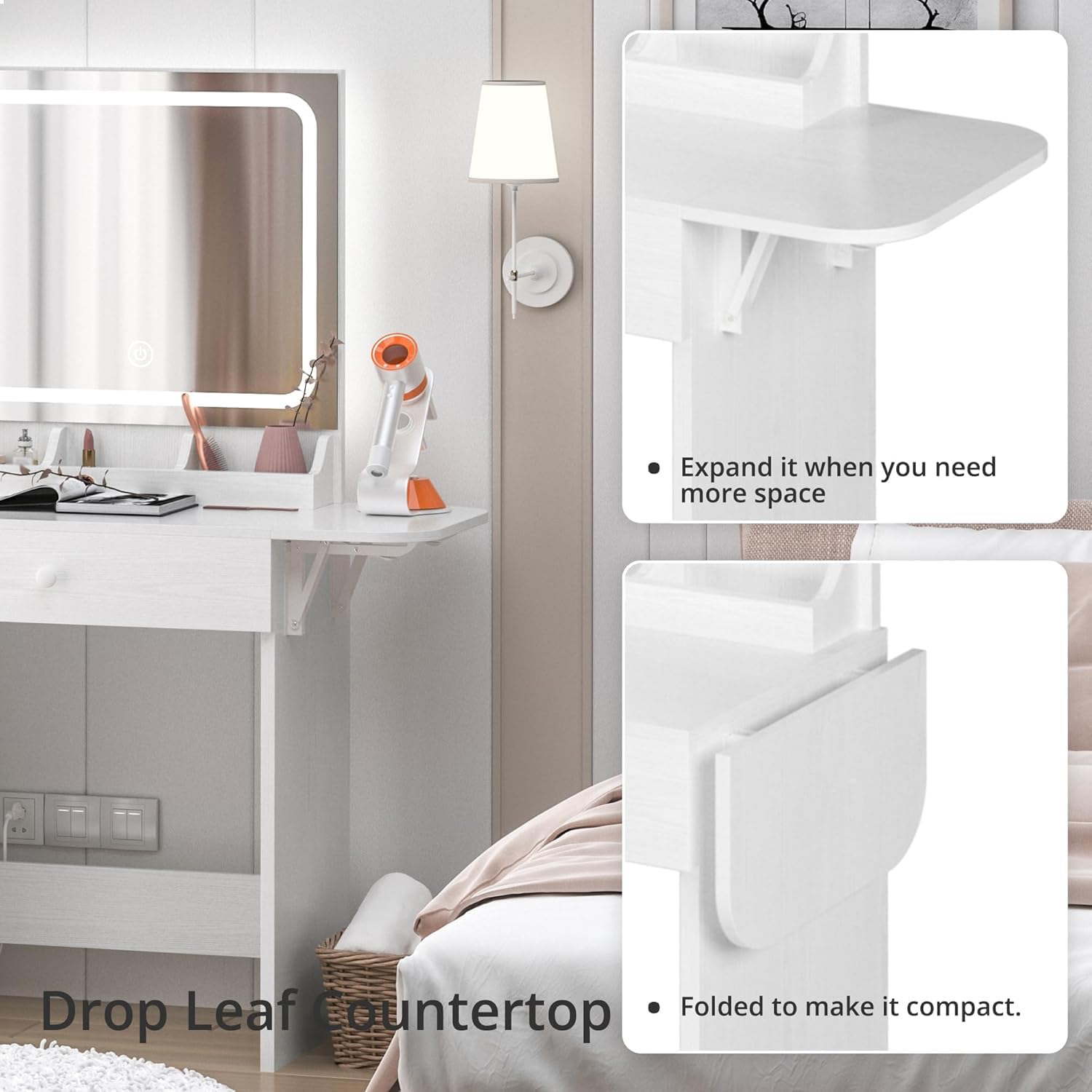 IRONCK White Vanity Desk with LED Lighted Mirror, Power Outlet & Storage Stool - Makeup Dressing Table with Drawers & Cabinet for Bedroom | Perfect for Beauty Routine, Cosmetics Organization & Home Decor