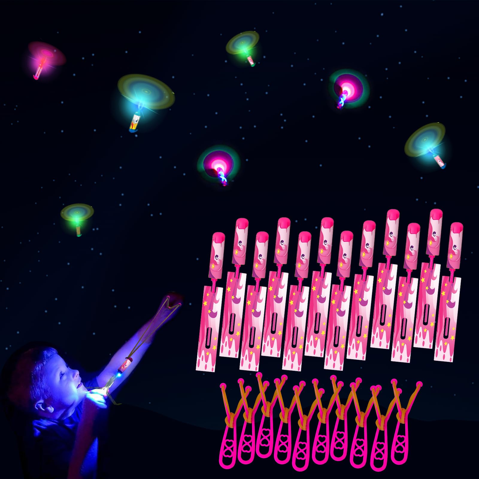 Unicorn Slingshot Outdoor Toys for Kids - LED Light Up Helicopter & Glow in The Dark Rocket Launcher Set with 12 Glow Sticks - Perfect for Birthday Parties, Backyard Games & Nighttime Play