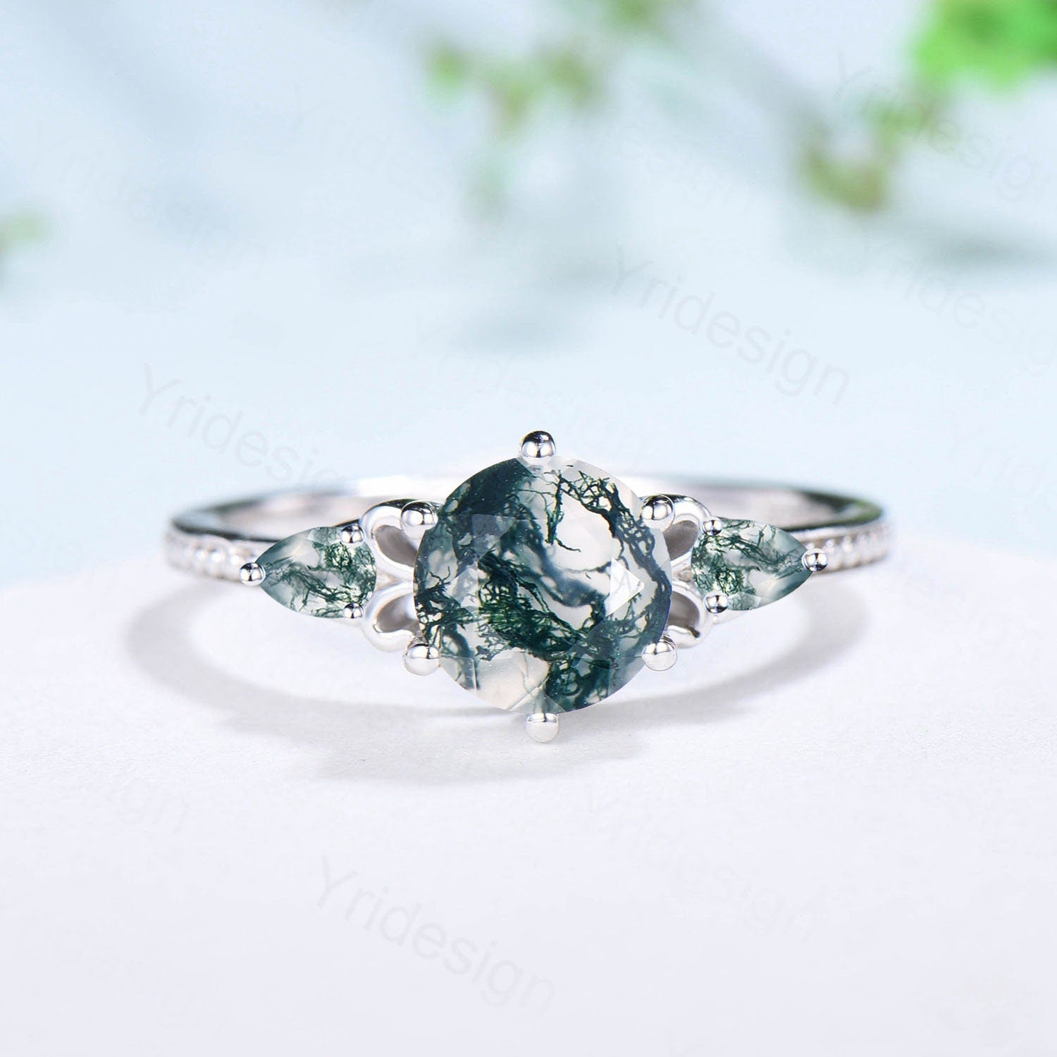 7mm Round Vintage Moss Agate Engagement Ring Set - Three Stone Pear Green Agate Wedding Ring with Milgrain Detailing - Elegant Emerald Bridal Jewelry for Women - Perfect for Proposals, Anniversaries & Special Occasions