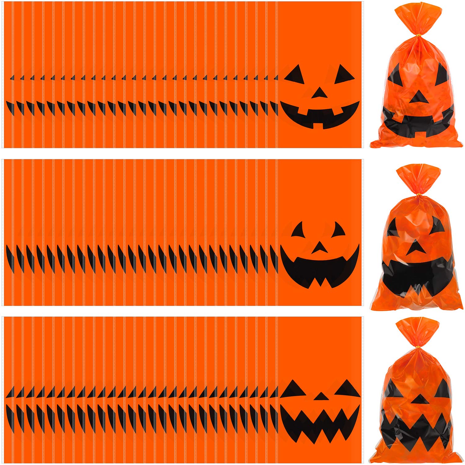 150-Piece Halloween Trick or Treat Plastic Candy Bags - Jack-O-Lantern Pumpkin Design Goody Tote Bags with Handles for Party Favors (Orange & Black) - Perfect for Halloween Parties, School Events & Neighborhood Candy Distribution