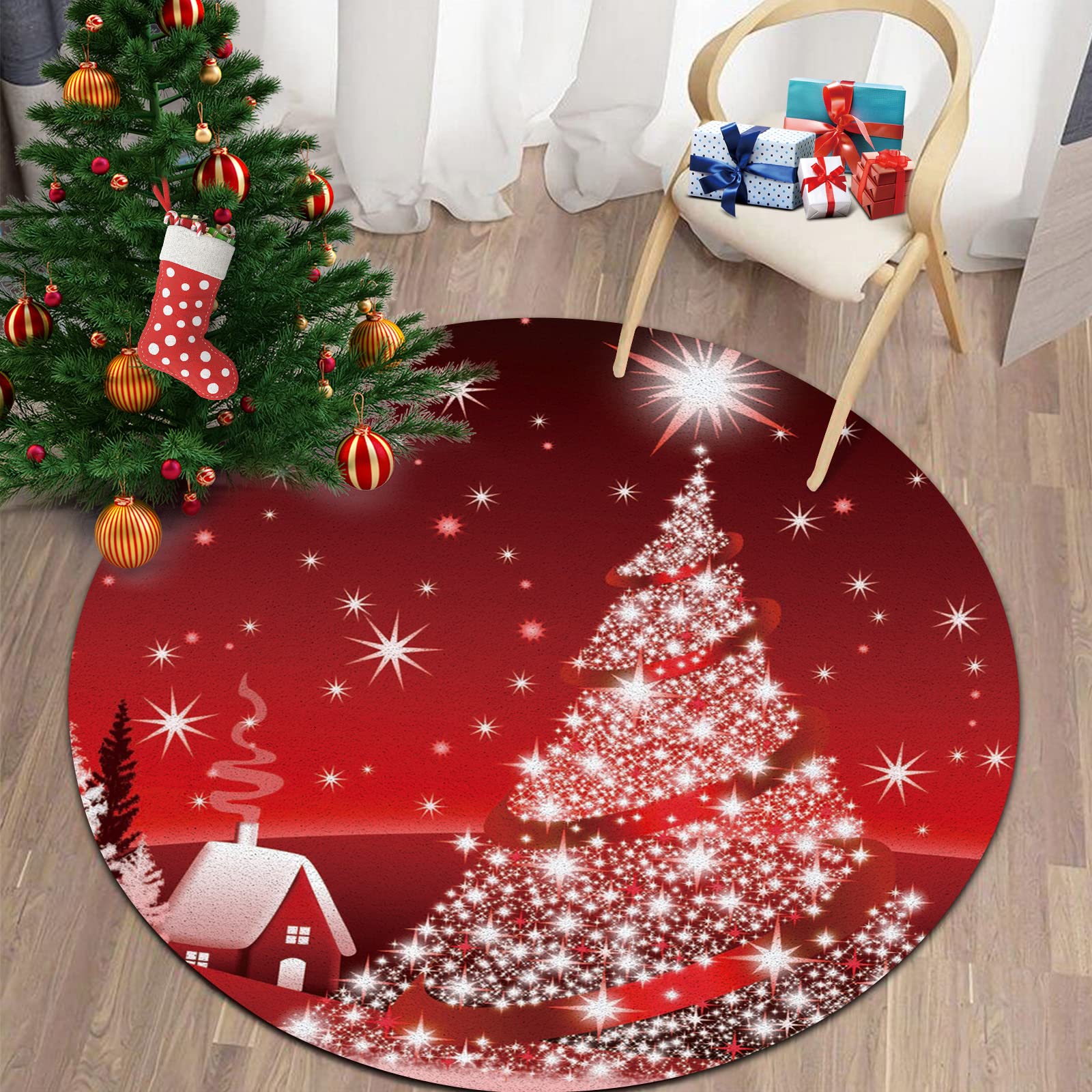 6ft Round Christmas Tree Area Rug - Non-Slip Indoor Circle Throw Runner, Entryway Doormat, Floor Carpet Pad & Yoga Mat for Bedroom, Living Room - Cartoon Red Country Farmhouse Design (Perfect for Holiday Decor, Home Gym & Cozy Farmhouse Style)