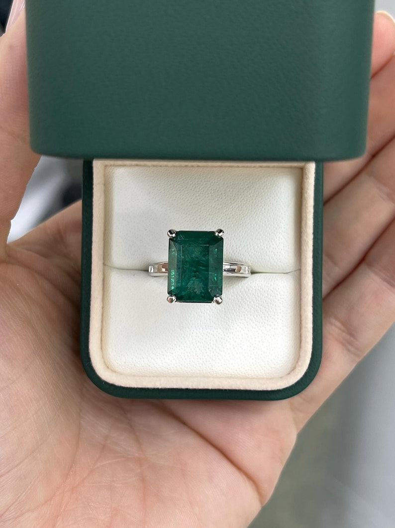 9.16ct Natural Deep Green Emerald Cathedral Solitaire Ring in 14K White Gold | Elegant Wedding, Engagement & Anniversary Jewelry Gift for Women