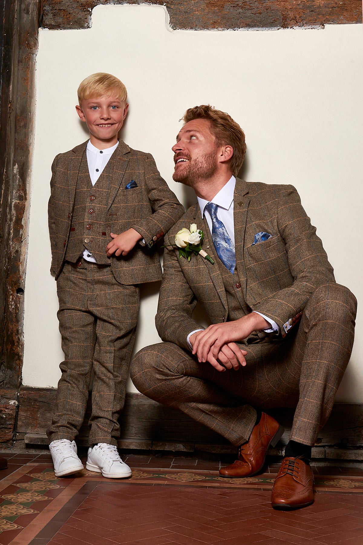 Stylish Men's TED Tan Tweed Check Three-Piece Suit Set - Perfect for Father & Son Matching Outfits, Weddings, and Formal Events