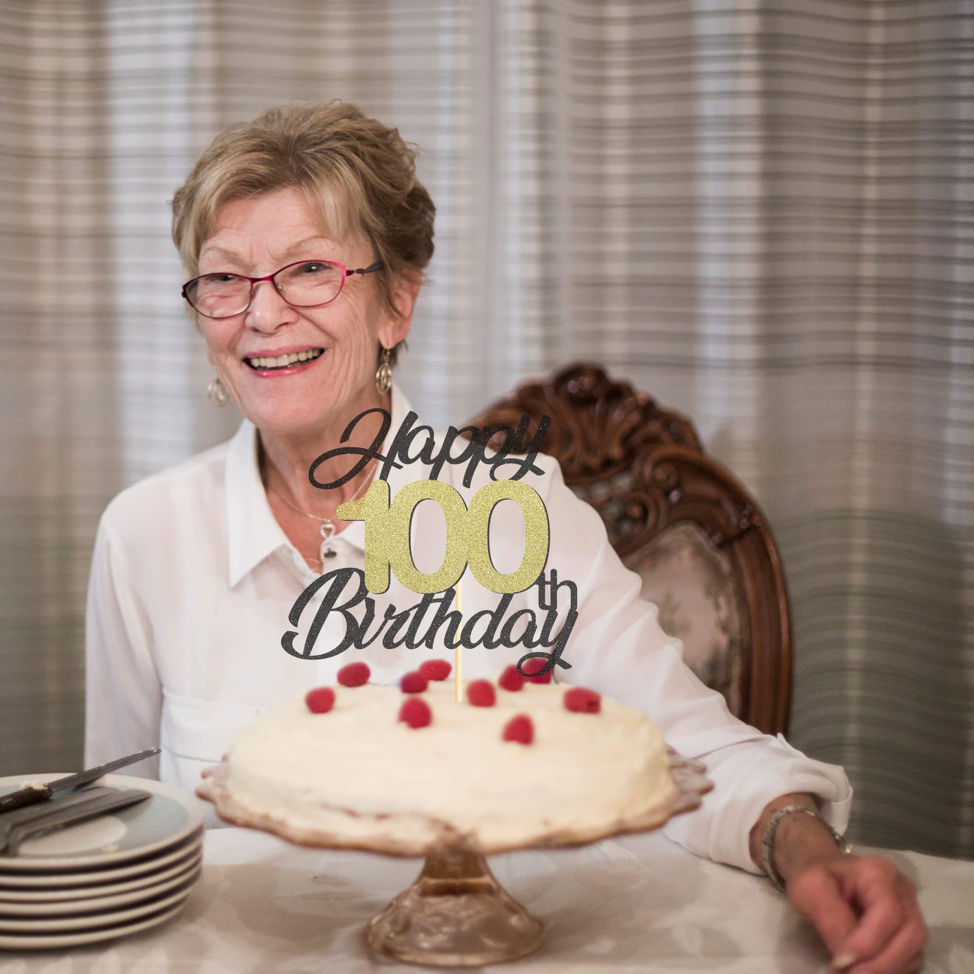 Happy 100th Birthday Cake Toppers - Black & Gold Glitter 100th Birthday Decorations for Cakes | Perfect for Milestone Celebrations, Retirement Parties & Anniversary Events
