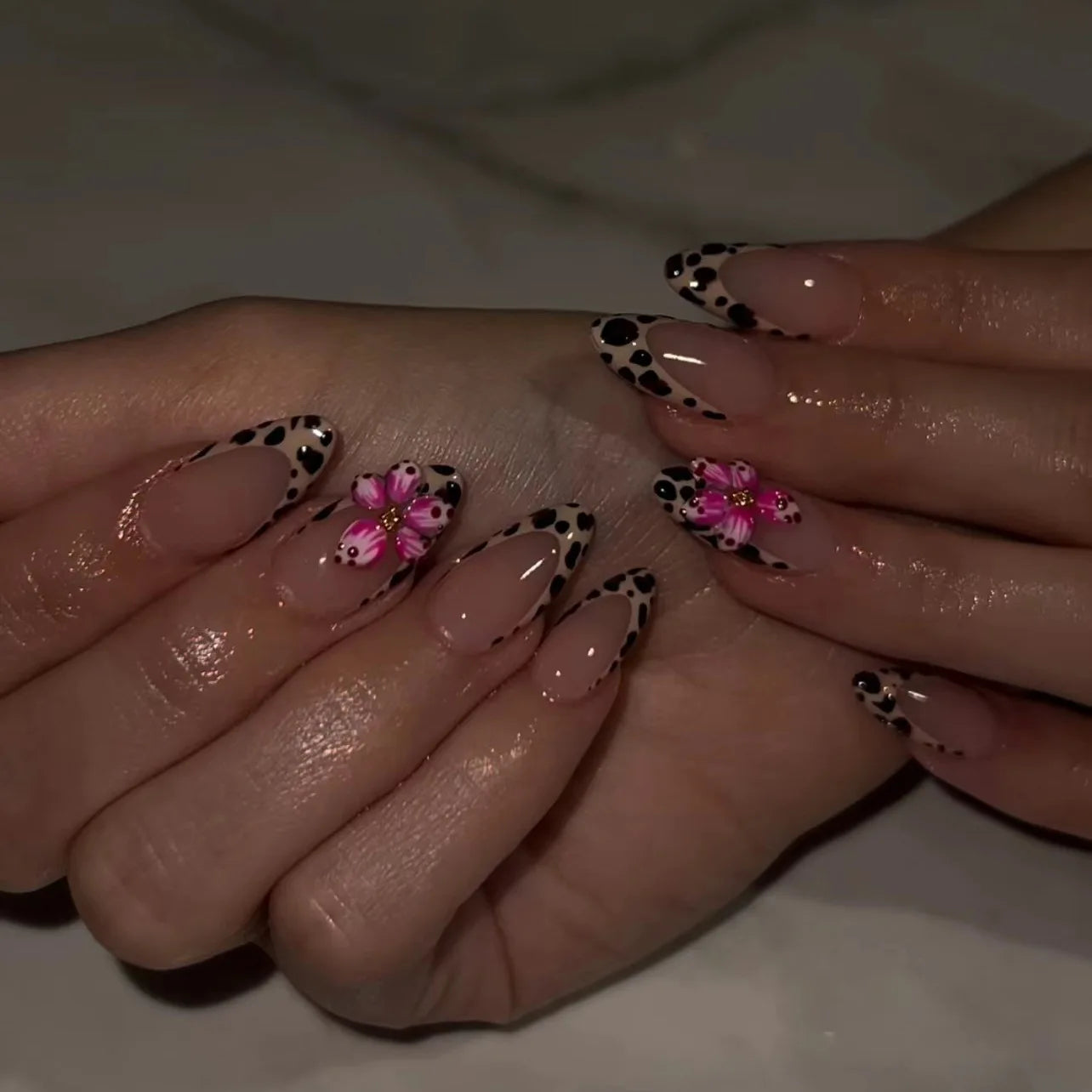 24Pcs French Leopard Print Fake Nails with 3D Flower Design - Almond Stiletto Press on Nails, Detachable Acrylic Full Cover Nail Tips for Women | Perfect for Parties, Weddings & Special Occasions